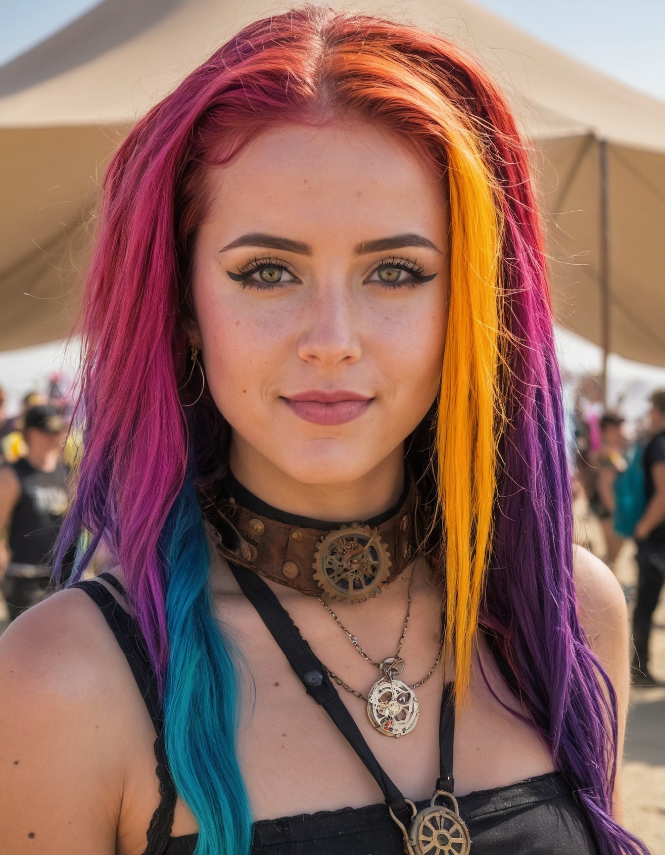 cute woman Selena with colorful hair at burning man tent,  daylight,  steampunk cosplay on Tensor.Art