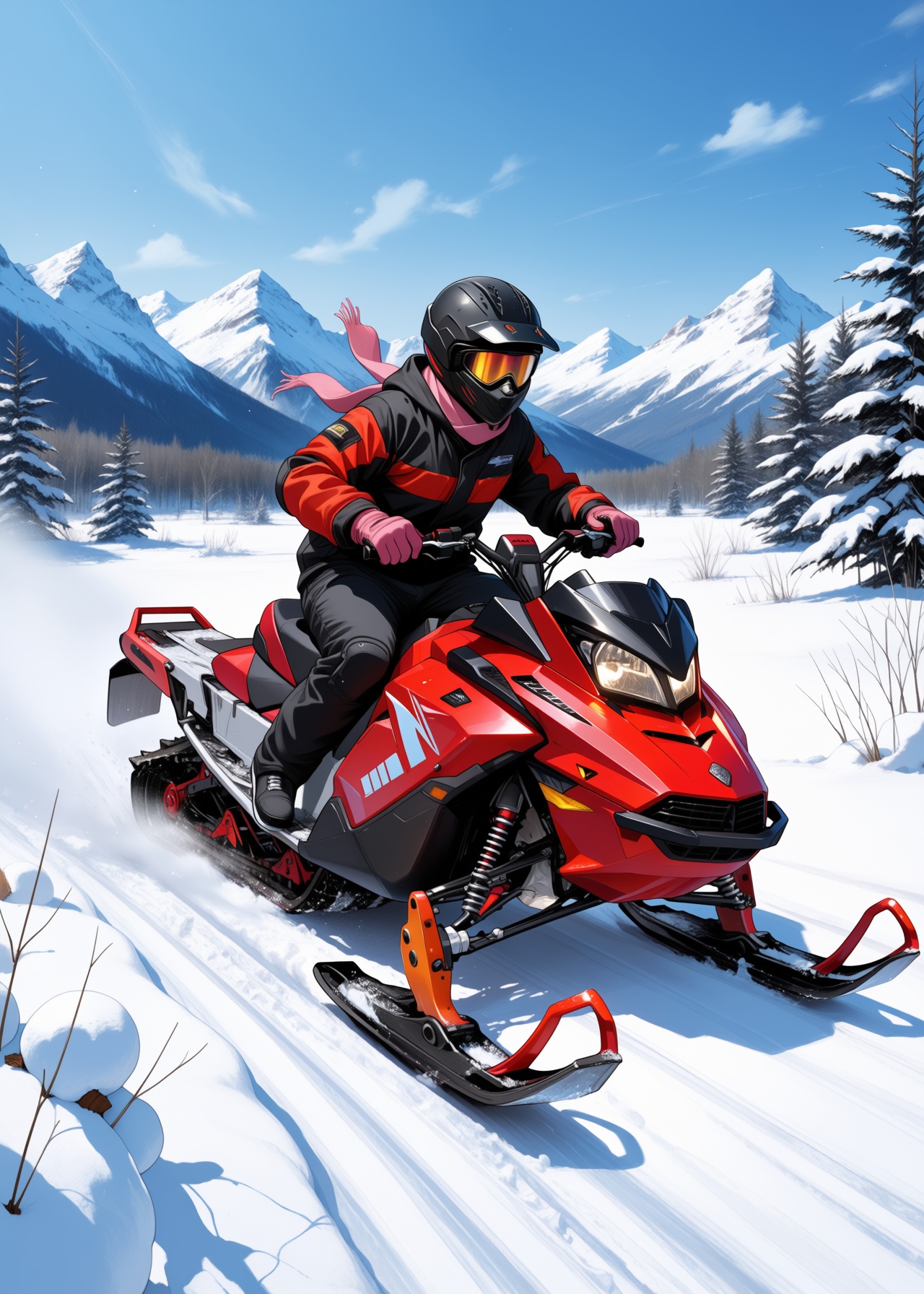 masterpiece,  best quality,  a thief making a swift escape on a snowmobile through the snow-land on Tensor.Art