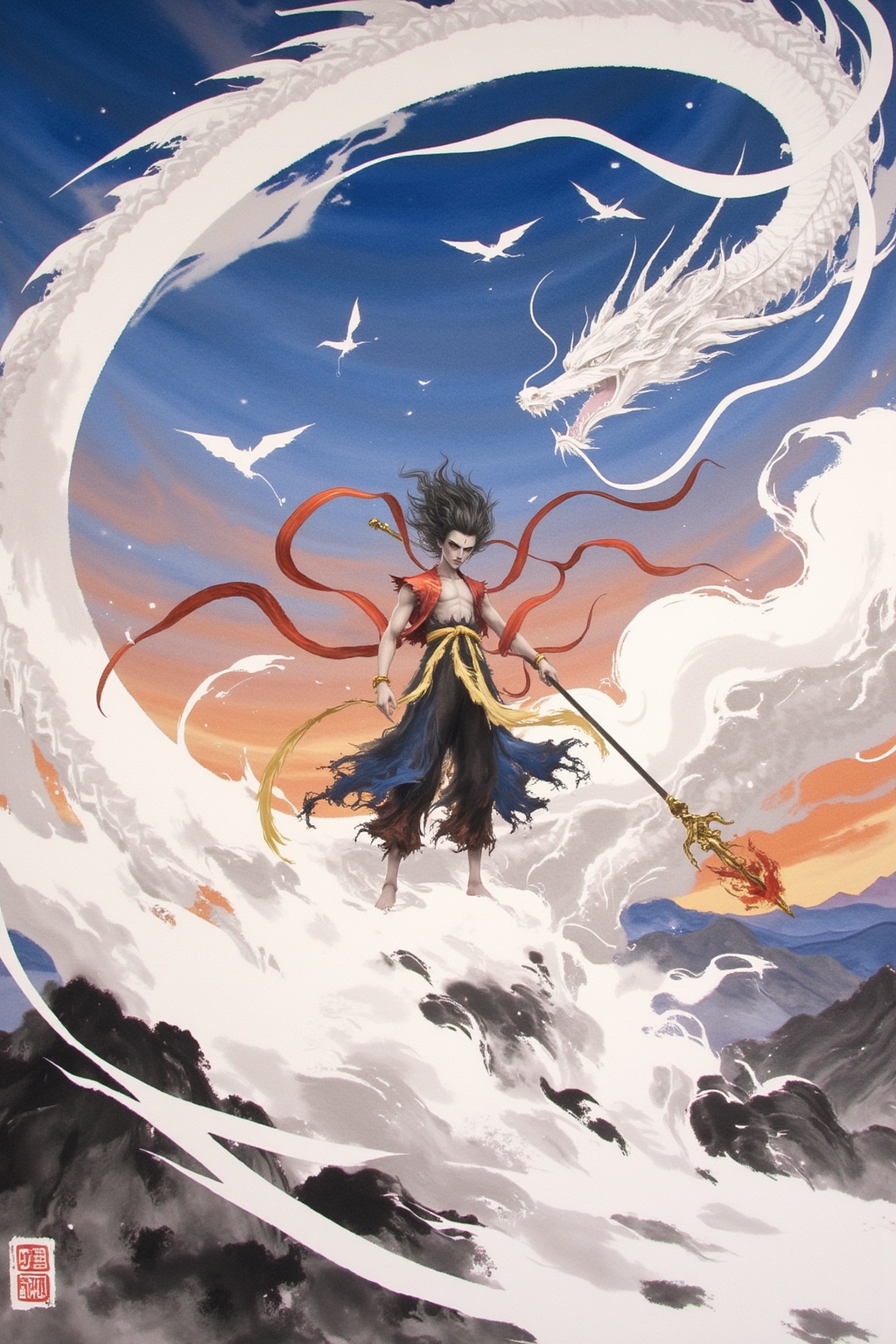 Chinese black and white ink painting,"***** Nezha standing on a cloud,wind fire wheels beneath his feet,surrounded by swirling mist,with a sky filled with colorful evening clouds. Wearing gold and blue armor,holding a chaos ribbon and fire-tipped spear,his gaze firm and powerful. The background features flying dragon shadows and floating fairy mountains,exuding a rich mythical atmosphere.",