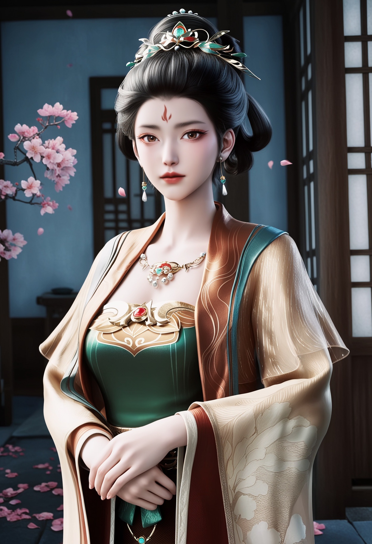 masterpiece,best quality,amazing quality,very aesthetic,high resolution,ultra-detailed,absurdres,scenery,photorealistic,(looking at viewer:1.1),upper body,(Dark room:1.3),(moody lighting:1.1),peach blossom,falling petals,(large breasts:0.8),dalitaihou,1girl,solo,black hair,jewelry,earrings,chinese clothes,hair ornament,forehead mark,realistic,necklace,hair bun,dress,long sleeves,updo,hanfu,hair rings,brown eyes,makeup,wide sleeves,shoes BREAK photorealistic details,<lora:QQSilldalitaihouV1:0.8>,