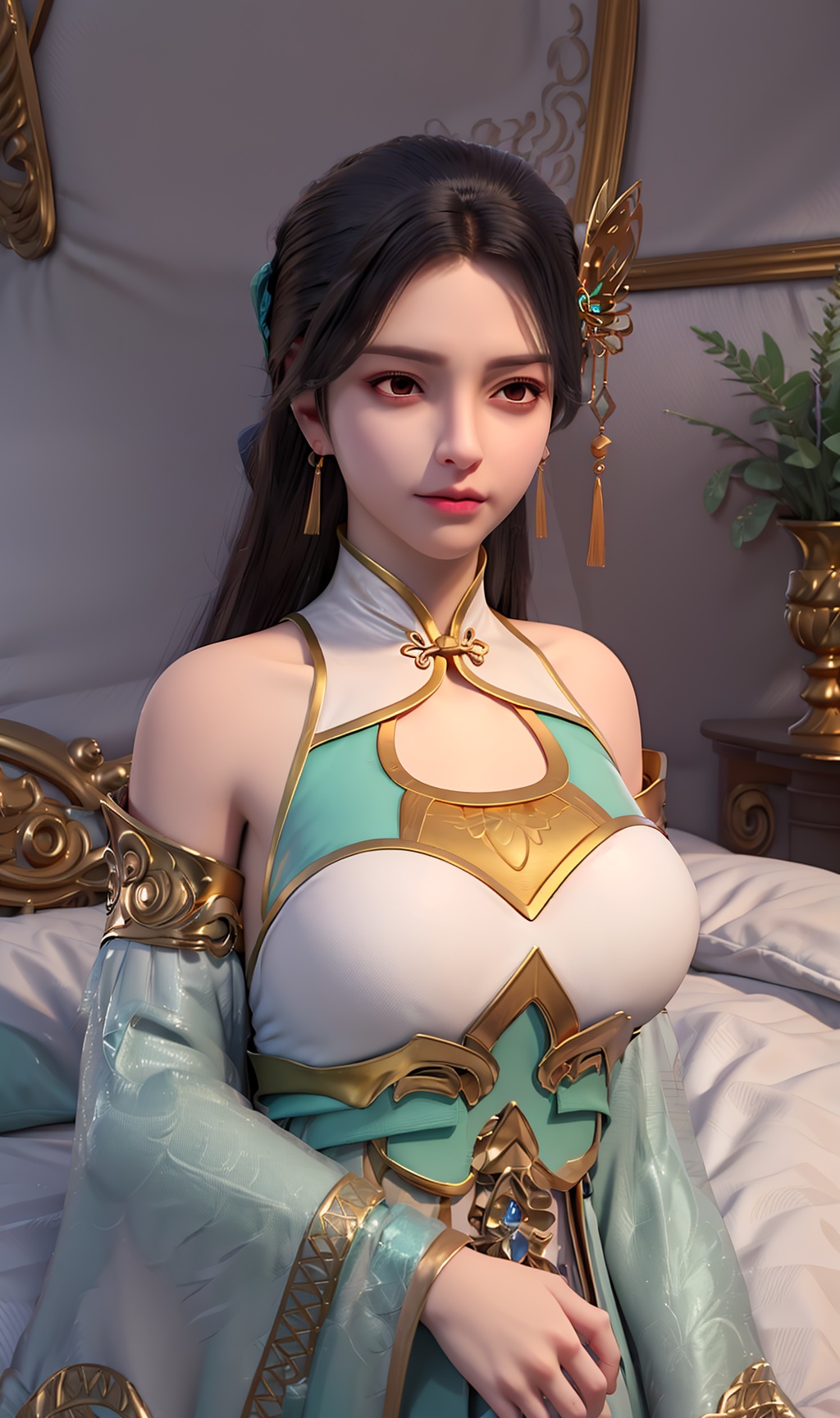 3D,masterpiece,(best quality),(makeup),official art, extremely detailed cg 8k wallpaper,((crystalstexture skin)), (extremely delicate and beautiful),(highly detailed),(face),(tassel),(collar),(gold),(1girl), (solo), (jewelry), (earrings),(black_hair),(long_hair),(hair_ornament),(handwear),(breasts),upper_body,(off-shoulder_dress),(closed_mouth),,(shiny_clothes),(city,indoor,bed),,((looking_at_viewer)),((Facing the camera)),, <lora:hipoly3DModelLora_v10:0.3>