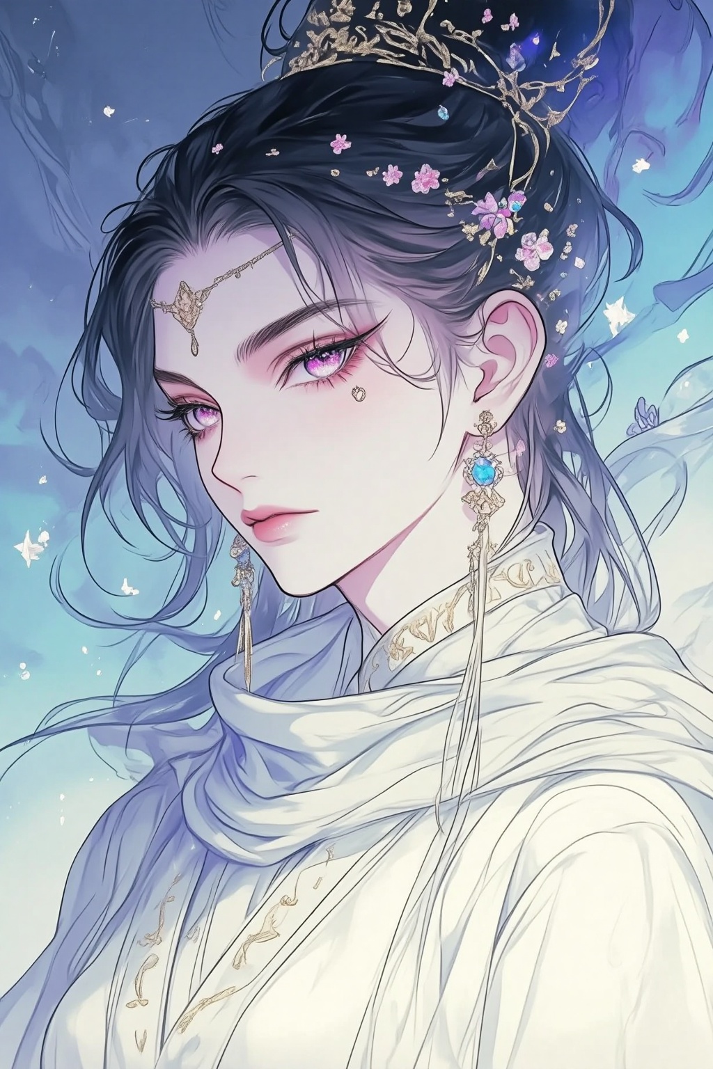 ZOZ_SUMIAOHH,a digital illustration shoot from a portrait camera angle about a portrait of a beautiful woman with elegant features,adorned with decorative accessories and a serene expression,the image also shows a soft,ethereal atmosphere with a mix of light and dark colors,on the middle of the image,a woman appears to be in her late 20s,with a serious expression,looking directly at the viewer,she has long,dark hair styled in an elegant updo with intricate floral patterns,and her eyes are a striking shade of pink,she is wearing a white,flowing robe adorned with intricate gold and blue patterns,along with a pair of earrings and a headpiece adorned with flowers,her hair is adorned with a delicate,ornate headpiece with a floral design,and she has a subtle blush on her cheeks,the background is a soft gradient of blue and white,with hints of sparkles,giving the image a dreamy and ethereal feel,