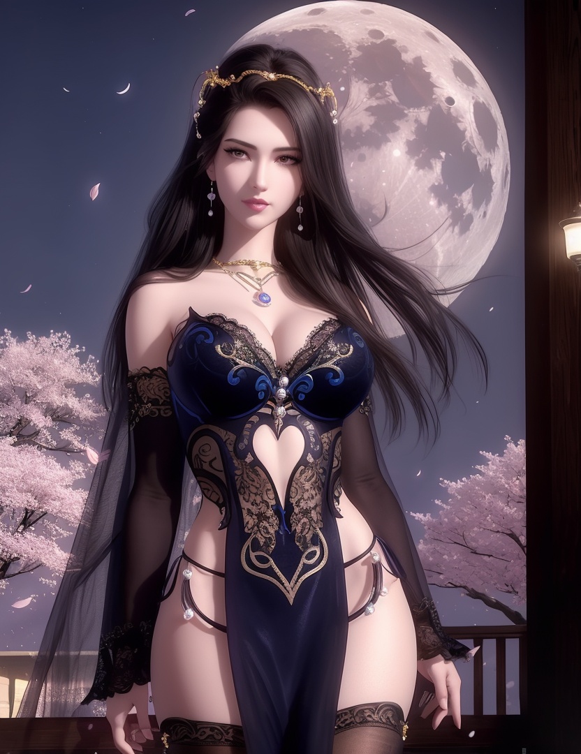 ultra realistic 8k cg, picture-perfect face, flawless, clean, masterpiece, professional artwork, famous artwork, cinematic lighting, cinematic bloom, perfect face, beautiful face, fantasy, dreamlike, unreal, science fiction,  beautiful clothes, lace, lace trim, lace-trimmed legwear,  (rich:1.4), prestige, luxury, jewelry, diamond, gold, pearl, gem, sapphire, ruby, emerald, intricate detail, delicate pattern, charming, alluring, seductive, erotic, enchanting, hair ornament, necklace, earrings, bracelet, armlet,halo((,1girl, pov,))(((,, 1girl, solo, moon, breasts, outdoors,cherry blossoms, cleavage, black_hair, hair_ornament, long_hair, jewelry,looking at viewer, ))) <lora:DA_CaoNvYao:0.6> 