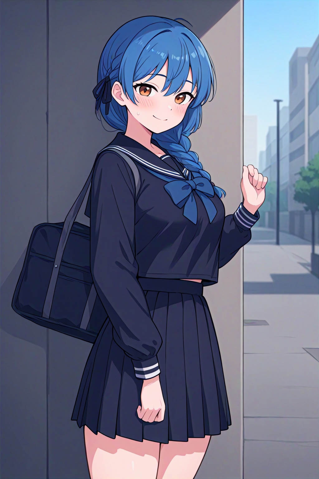 score_9,score_8,score_8_up,score_7,score_7_up,source_anime,BREAK,rating_explicit, 1girl, solo,blue hair, long hair, brown eyes, medium breasts, braid, hair ribbon, twin brand, blush, hair over shoulder, school uniform, black serafuku, close mouth, looking at viewer, long sleeves, skirt, black skirt, sailor collar,smile, black sailor collar, pleated skirt, shirt, black shirt, outdoor, day,holding school bag,street