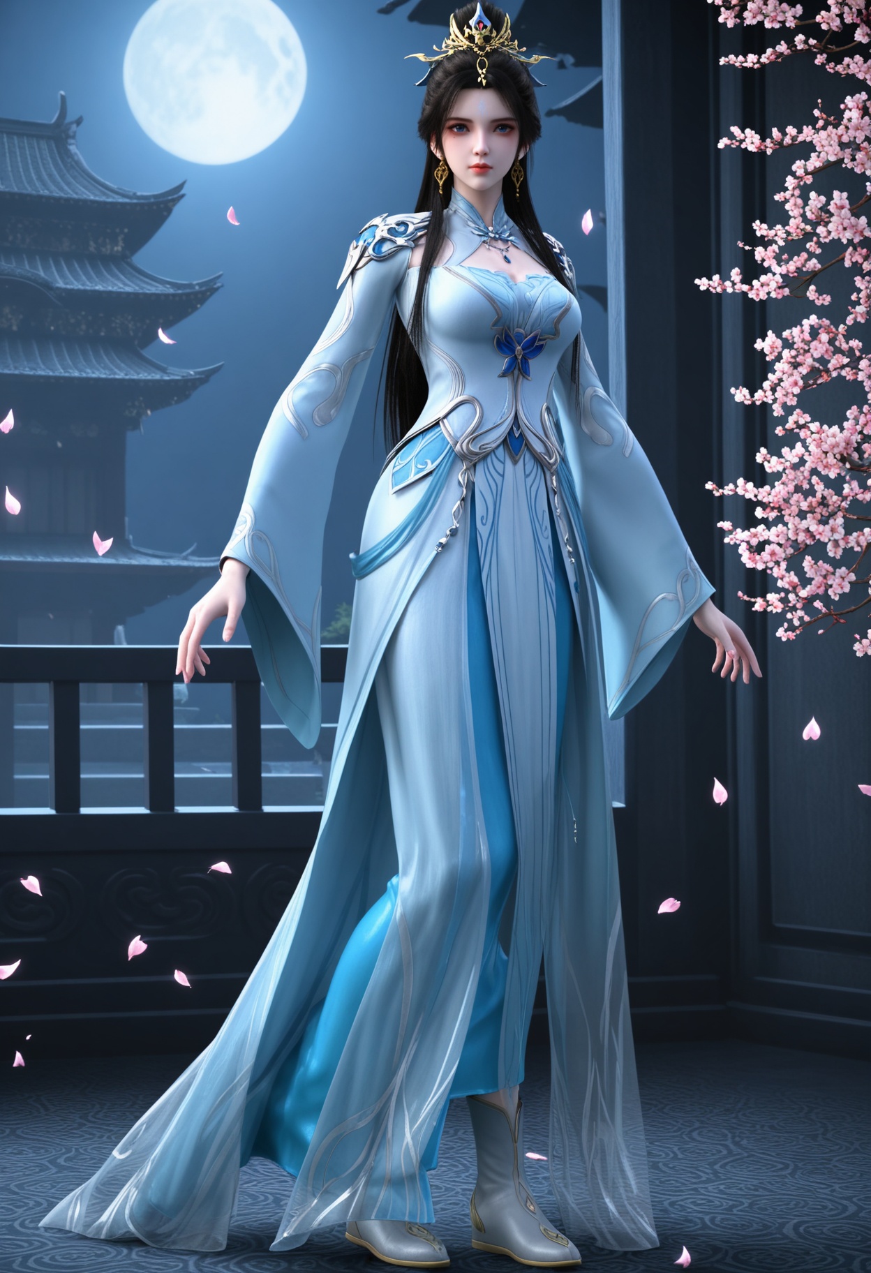 (standing full_body:1.1),(looking at viewer:1.1),masterpiece,(best quality),smog,Dark room,dim lighting,peach blossom,falling petals,<lora:YQ_Illustrious光辉v5_姬凝霜_服装2_V1:0.8>,q1528437228,1girl,solo,long hair,hair ornament,black hair,jewelry,earrings,dress,blue eyes,forehead mark,hair bun,white dress,chinese clothes,long sleeves,blue dress,brown hair,single hair bun,necklace,wide sleeves,mole,collar,mole under eye,boots,