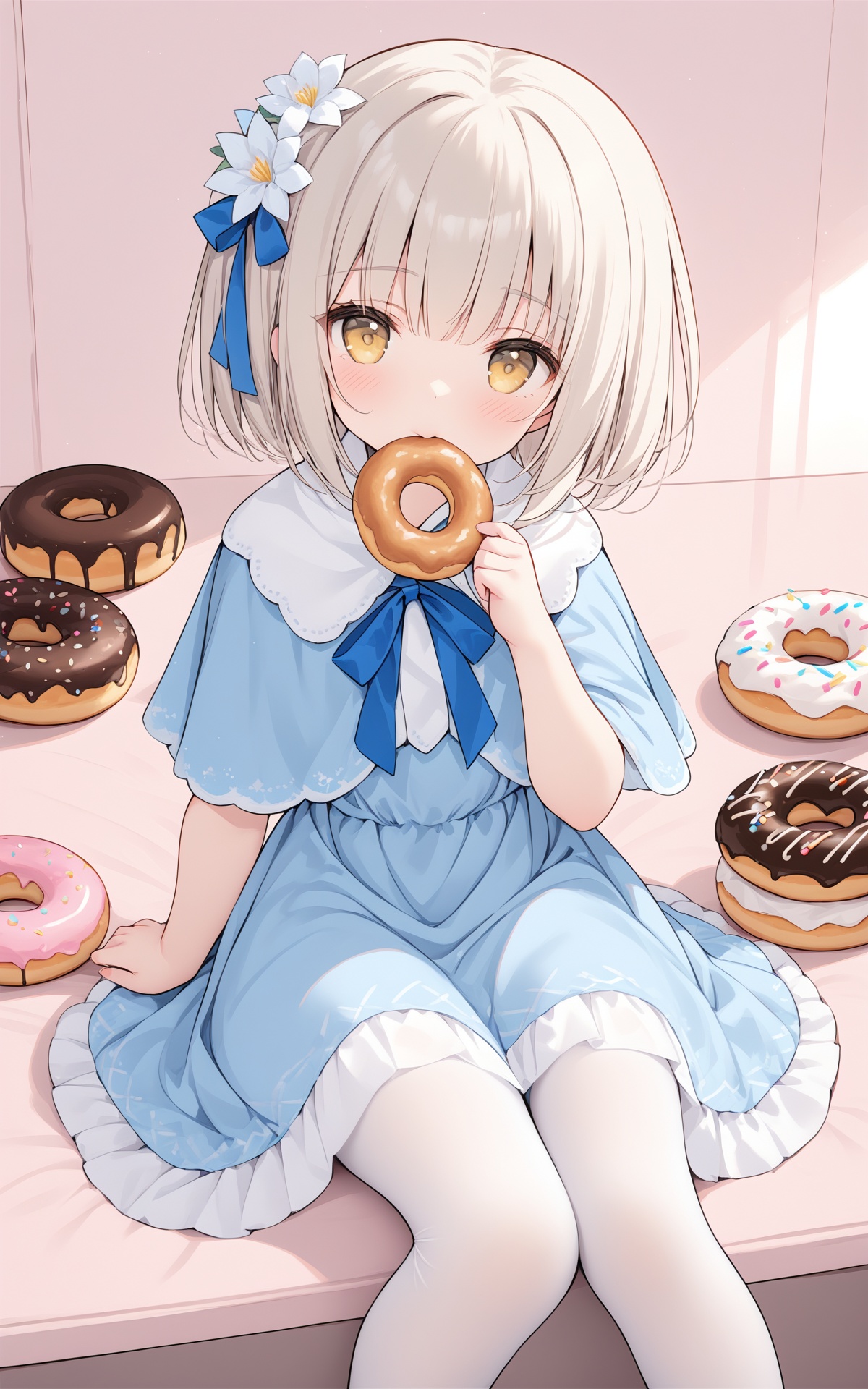 (masterpiece),(best quality),loli,1girl, solo, food, yellow eyes, doughnut, pantyhose, white pantyhose, hair ornament, sitting, looking at viewer, ribbon, flower, hair flower, dress, short hair, capelet, blue ribbon, mouth hold, bangs
