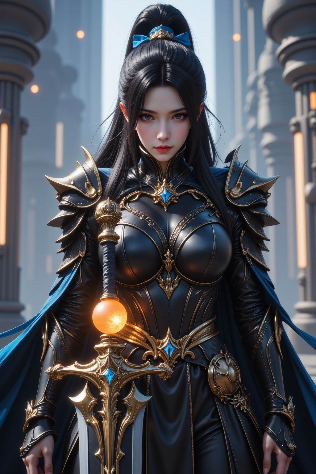HDR photo of cinematic film still the image depicts a highly detailed and stylized character with long black hair tied in a high ponytail,adorned with a blue ribbon. The character is dressed in intricate black armor with gold accents,including a cape and gauntlets. They are holding a large ornate sword with a glowing orange orb at its hilt,which is a focal point of the image. The background features a futuristic,high-tech environment with vertical structures and glowing lights,suggesting a sci-fi setting. The character's expression is serious and determined,adding to the overall impression of strength and readiness for action.,