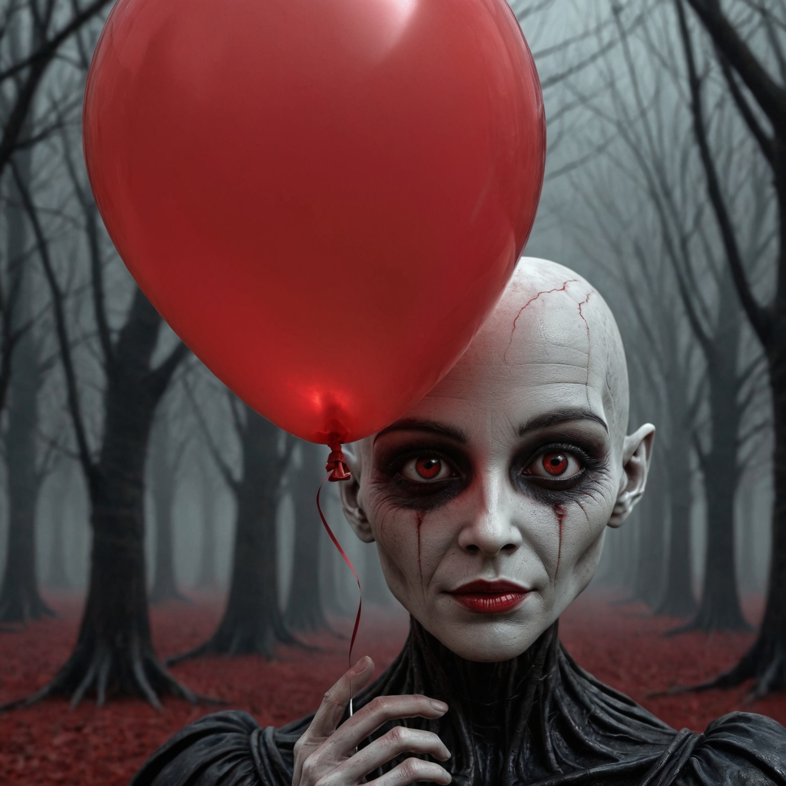 dark aesthetic,  A creepy dark humanoid figure,  holding a red balloon on Tensor.Art