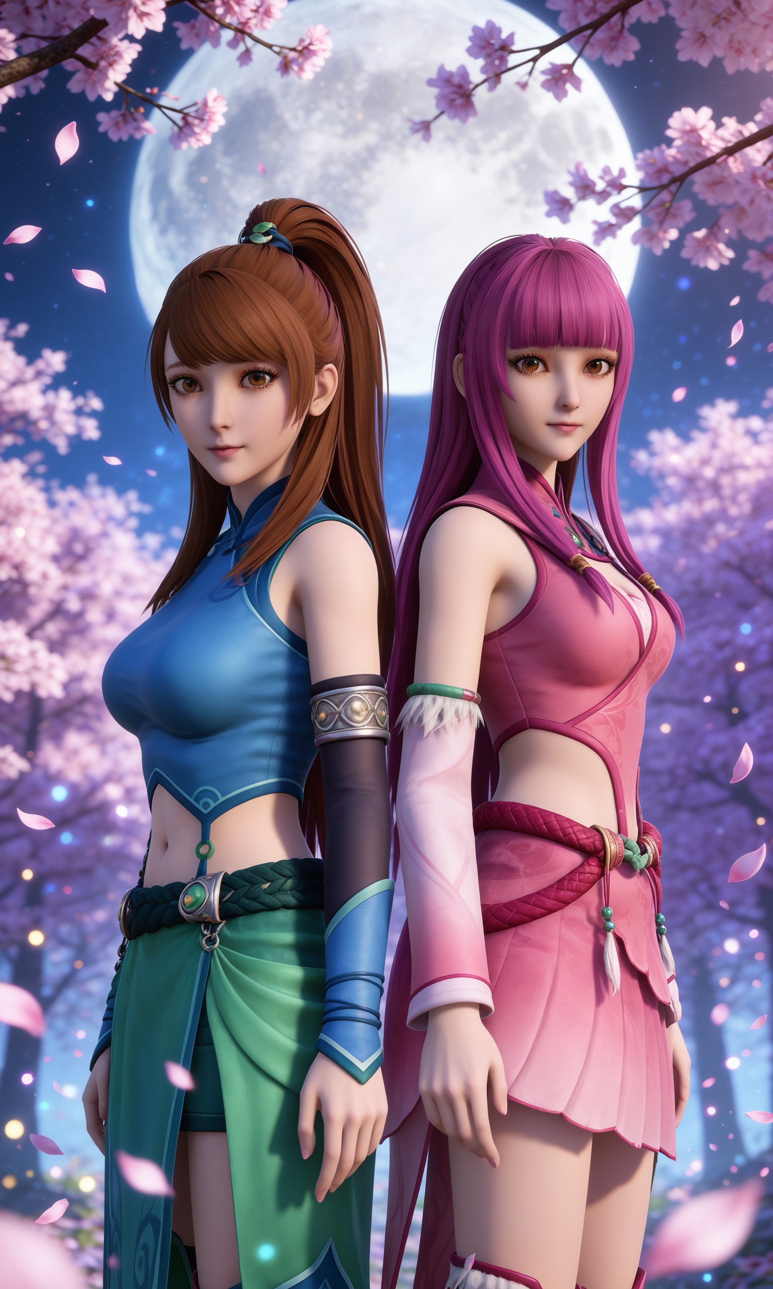 <lora:妖神记-叶紫芸+肖凝儿Pony:0.7>,2girls,brown hair,ponytail,brown eyes,hair ornament,bare shoulders,midriff,navel,green boots,long hair,brown eyes,breasts,green skirt,blue crop top,long hair,pink hair,blunt bangs,bangs,pink dress,pink boots,detached sleeves,upper body,petals,looking at viewer,moon,branch,cherry blossoms,flower,extreme aesthetic,(quasarcake:0.7),masterpiece,best quality,good quality,newest,very aesthetic,absurdres,A shot with tension,(Visual impact,giving the poster a dynamic and visually striking appearance:1.2),impactful picture,offcial art,colorful,splash of color,movie perspective,