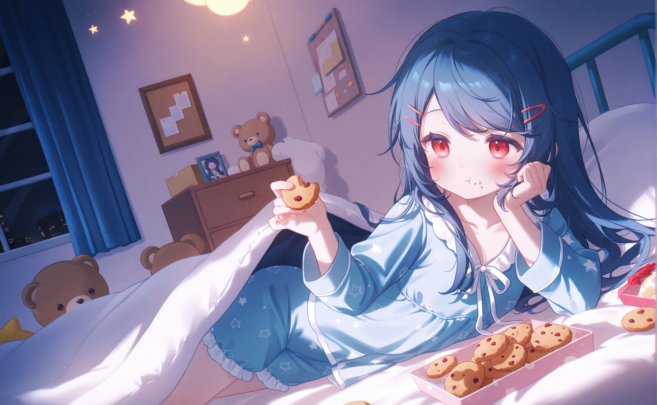 masterpiece,very aware,highres,absurdres,newest,best quality,loli,petite,high quality,chromatic_aberration,cinematic_angle,dutch angle,night,//,umehara,konya karasue,//,1girl,food,stuffed toy,indoors,cookie,holding food,stuffed animal,eating,holding,red eyes,curtains,pajamas,solo,pillow,window,under covers,blanket,on bed,hair ornament,on stomach,box,long sleeves,bedroom,teddy bear,head rest,hairclip,collarbone,lying,picture frame,star (symbol),food on face,bulletin board,closed mouth,blush,bed,long hair,blue pajamas,:t,blue hair,swept bangs,crumbs,elbow rest,bed sheet,hand on own face,