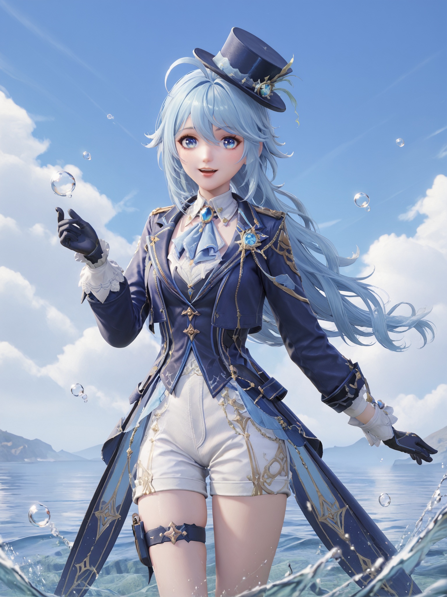 score_10,score_9,score_8_up,score_7_up,1girl,furina (genshin impact),gloves,top hat,hat,white gloves,mismatched gloves,asymmetrical gloves,blue eyes,white shorts,blue jacket,blue hair,shorts,solo,smile,blue headwear,looking at viewer,heterochromia,long hair,black gloves,jacket,open mouth,ascot,outdoors,ahoge,sky,bubble,light blue hair,multicolored hair,long sleeves,blue ascot,thigh strap,water,blue sky,hair between eyes,blue brooch,cloud,gem,