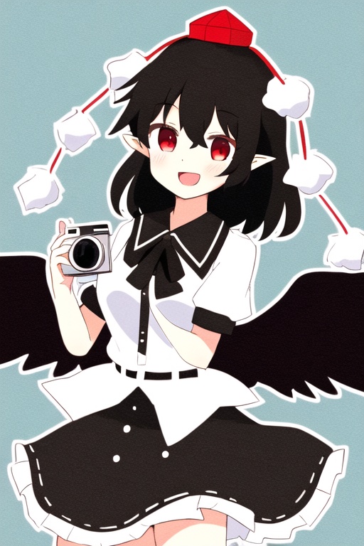 shameimaru aya,1girl,hat,1girl,solo,tokin hat,hat,shirt,skirt,wings,red eyes,black hair,smile,open mouth,black skirt,white shirt,red headwear,pointy ears,frilled skirt,camera,4 pom pom \(clothes\),<lora:aya4-000018:1>,