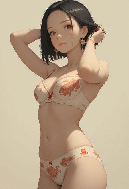 masterpiece, detailed_eyes, high_quality, best_quality, highres, absurdres, 8k, subject_focus, depth_of_field, 1girl, solo, looking at viewer, short hair, black hair, closed mouth, jewelry, brown eyes, standing, cowboy shot, earrings, arm up, lips, chinese tatoos, hands in hair, Eye reflections, global illumination, ray tracing,bright eyes, simple background, Hiori Light Art, Backlight, underwear, panties, print panties, bra