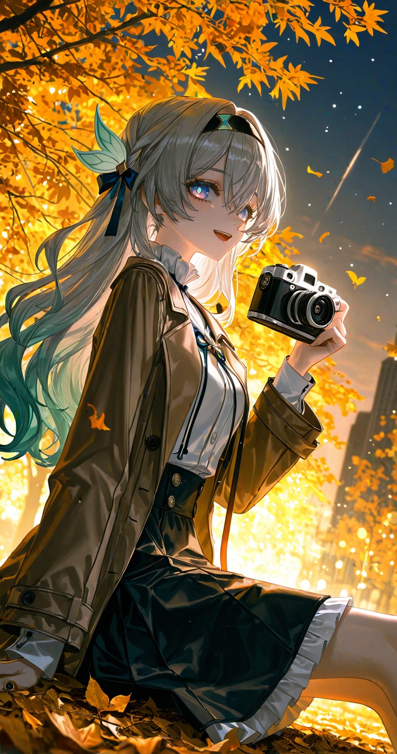 liuying,firefly_\(honkai:_star_rail\),(masterpiece),(topquality),(bestquality),(ultrahighres),Firefly,firefly_\(honkai:_star_rail\),1girl,solo,camera,long hair,skirt,hairband,smile,holding camera,holding,hair ornament,shirt,white shirt,long sleeves,open mouth,open clothes,black skirt,braid,outdoors,blue eyes,coat,bangs,looking at viewer,brown coat,black hairband,frills,ribbon,butterfly hair ornament,hair intakes,autumn leaves,grey hair,open coat,leaf,autumn,hair ribbon,breasts,blurry,:d,blurry background,brown jacket,sitting,from side,eye trail,backlighting,depth of field,cinematic lighting,light particles,lens flare,(artist:quasarcake:0.8),extreme,close-up details,outstanding style,adding a touch of dimension to your images without compromising details,whirls of vapor,iridescent textures,(Anime:1.1),ethereal ambiance,delicate details,magical high-concept,32K UHD,sharp focus,best-quality,masterpiece,golden hour,unconventional supreme masterpiece,masterful details,temperate atmosphere,with a high-end texture,in the style of fashion photography,photography,cover,dynamic angle,dynamic posture,(artist:quasarcake:0.8),extreme aesthetic,(wlop:0.6),(honjou raita, lack, rella:0.5, wanke),masterpiece,best quality,good quality,very aesthetic,absurdres,visual impact,a shot with tension,ultra-high resolution,32K UHD,sharp focus,best-quality,masterpiece,emotionalization,unconventional supreme masterpiece,masterful details,temperate atmosphere,with a high-end texture,in the style of fashion photography,(visual impact:1.2),giving the poster a dynamic and visually striking appearance,impactful picture,official art,colorful,splash of color,movie perspective,masterpiece,best quality,amazing quality,very aesthetic,absurdres,best quality,newest,