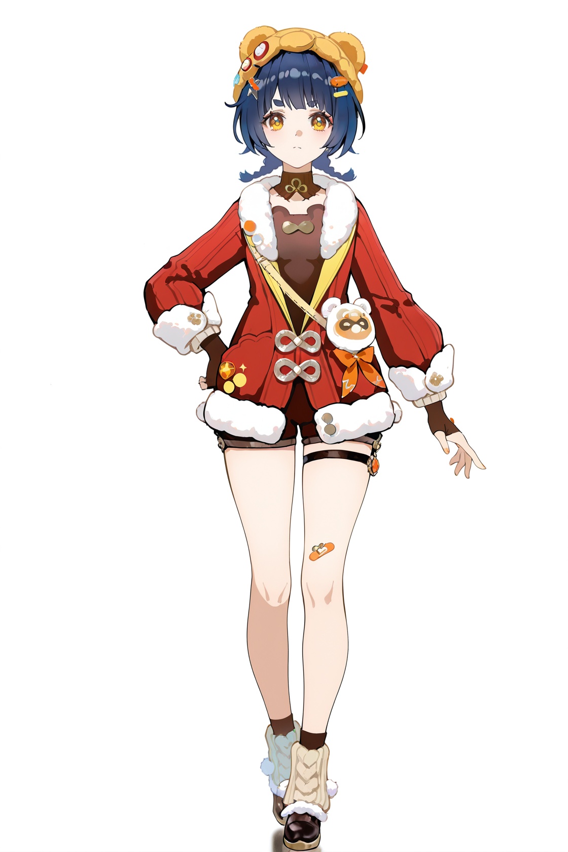 8k,best quality,masterpiece,(ultra-detailed),(high detailed skin),((artist:reoen),(artist:fuzichoco),(artist:atdan),(artist:torino_aqua),year 2024:0.8)1girl,[artist:wlop],[artist:ningen_mame],artist:ciloranko,[[artist:rhasta]],artist:tidsean,colorful,detailed light,light leaks,sunlight,bokeh,blurry foreground,ray tracing,lens flare,cinematic lighting,full body,full shot,standing,looking at viewer,(solo:1.2),simple background,(white background:1.2),hand on own hip,(white background:1.1),<lora:huxiang-noob-Tanger-000014:0.8>,xiangling \(New Year's Cheer\) \(genshin impact\),clothes:New Year's Cheer,1girl,hat,hair ornament,bangs,braid,hairclip,bare legs, bandaid, A full-body portrait of a young girl,standing gracefully,pastel art style,high-key lighting,shoujo manga influence,hd quality,delicate details,