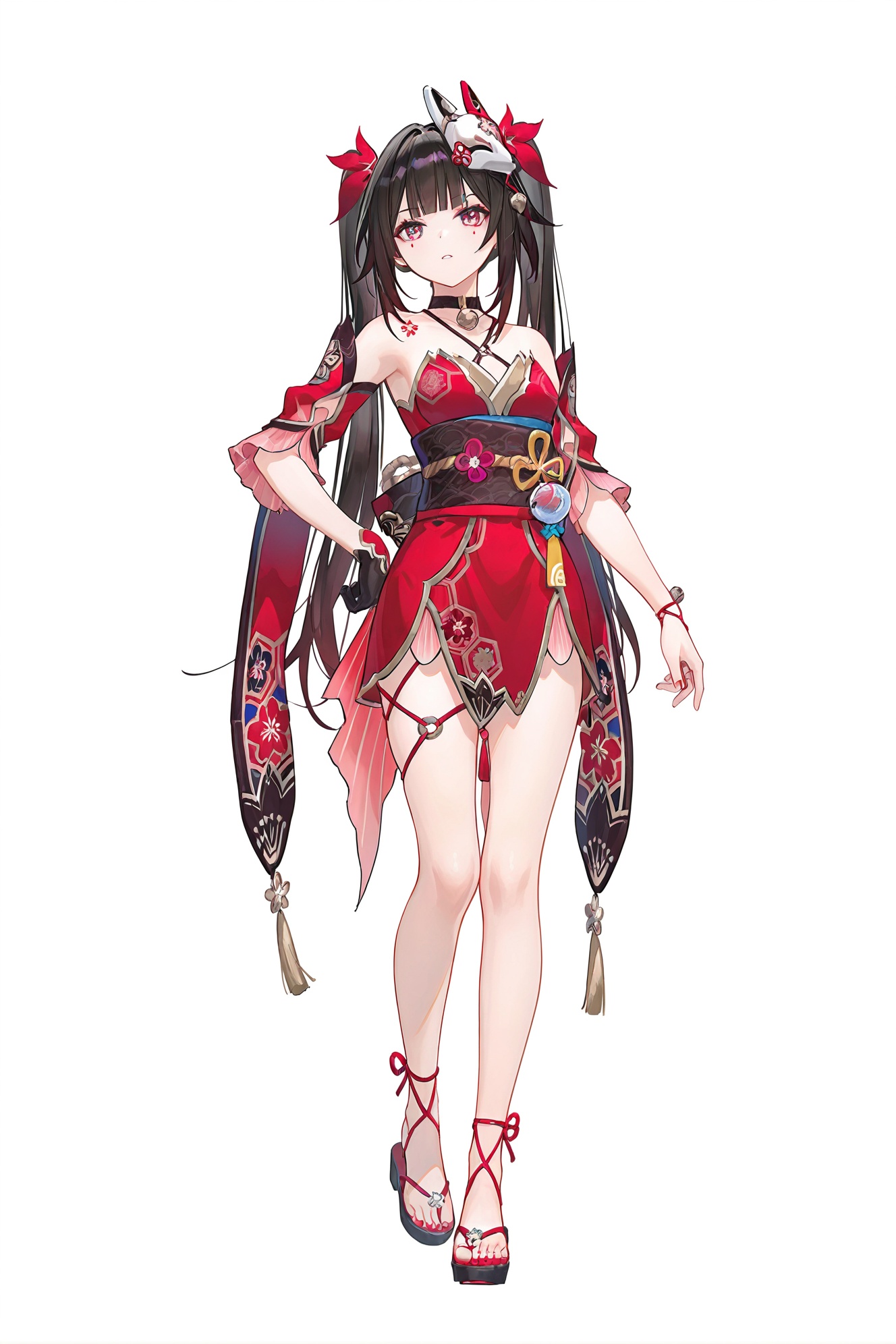 8k,best quality,masterpiece,(ultra-detailed),(high detailed skin),((artist:reoen),(artist:fuzichoco),(artist:atdan),(artist:torino_aqua),year 2024:0.8)1girl,[artist:wlop],[artist:ningen_mame],artist:ciloranko,[[artist:rhasta]],artist:tidsean,colorful,full body,full shot,standing,(solo:1.2),simple background,(white background:1.2),hand on own hip,(white background:1.1),looking at viewer,<lora:huahuoXhuohua-ill-Tanger:0.8>,Sparkle \(Honkai: Star Rail\), black hair, Cherry blossom tattoo, chest tattoo, red dots under the eyes, clothes: Sparkledef red japanese clothes, bare shoulders, Sparkledef detached sleeves, mask on head, 1girl, single black glove, kimono, sash, mask, obi, sandals,