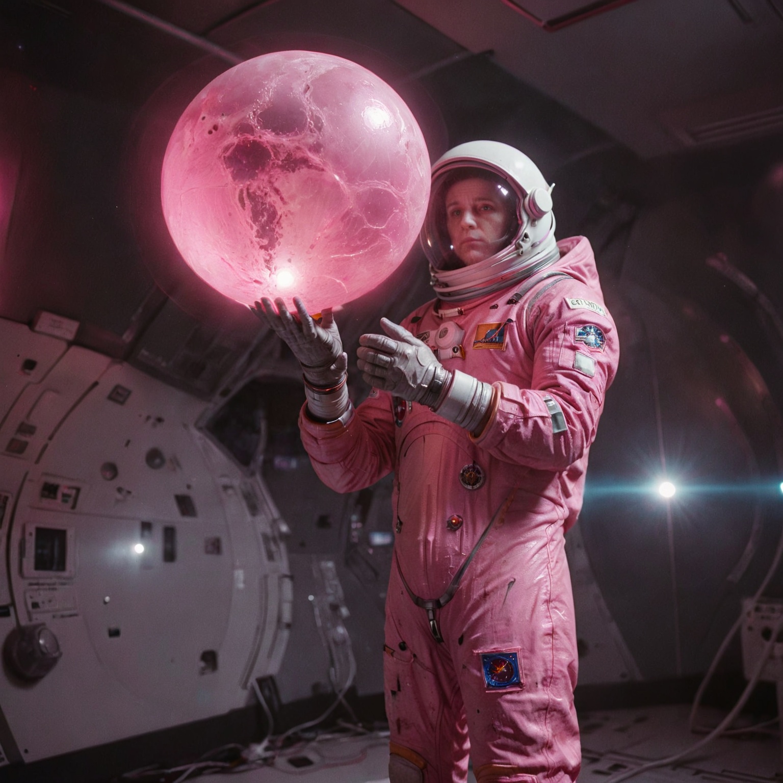 cinematic moviemaker style,  Engulfed by space,  a cloaked astronaut stands in the gloom holding an orb glowing pink on Te...