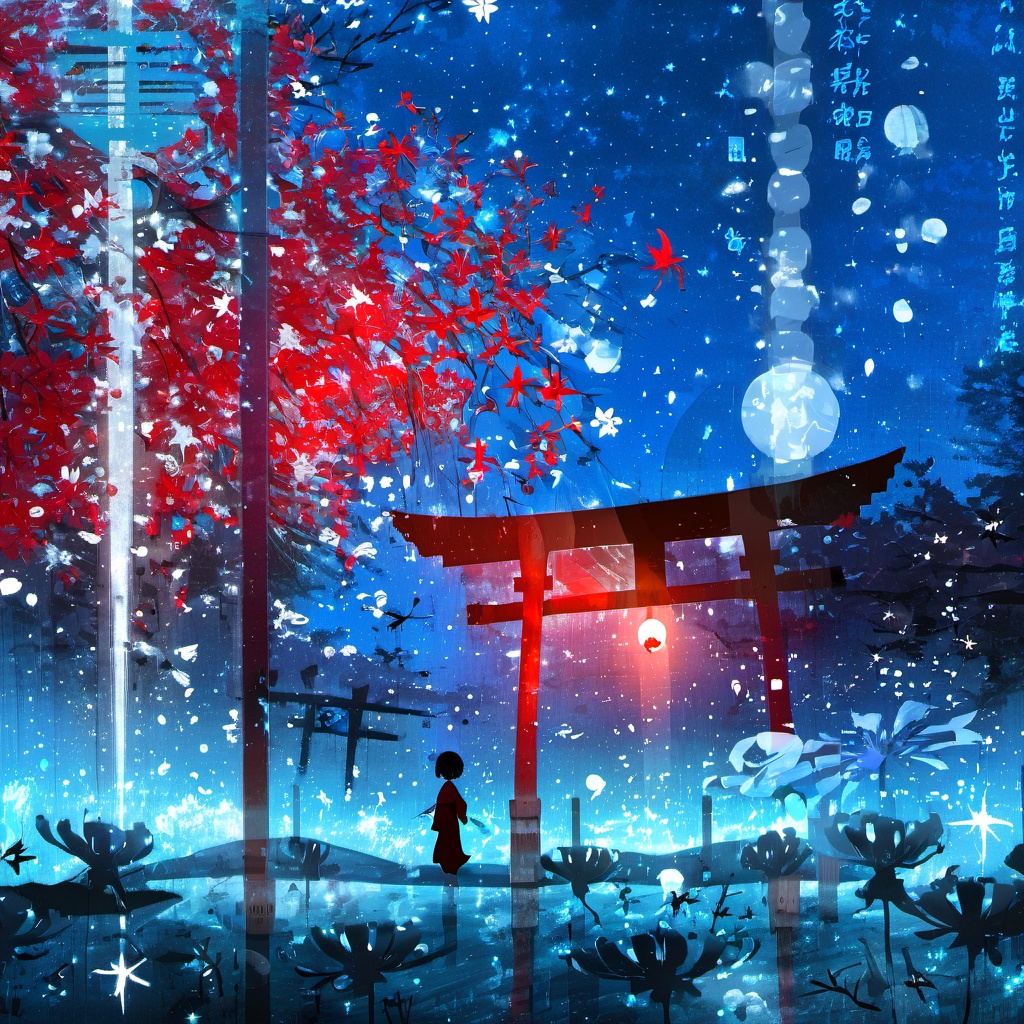 <lora:star_xl_v3:1>,silhouette painting, ethereal ambiance, 1girl, blue and red theme, solo, standing, flower, sky, petals, night, scenery, bubble, torii, spider lily, japanese clothes, light particles, lantern, architecture, the image portrays a serene nighttime scene, in a traditional japanese setting, a wooden torii gate stands prominently flanked by tall pillars, the ground is covered with a transparent surface, the sky is filled with stars, there are floating petals of light, there's a modern building with large windows, a silhouette of a girl stands in the distance gazing at the sky, torii gate, pillars, stars, floating orbs, modern building, lone figure