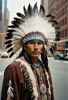 Leica Hasselblad portrait, hyperdetailed Photography, a Native American man walks proudly confidently in traditional clothing with an Indian feather hat on his head a wolf accompanies him in the streets of New York in the middle of the buildings in the middle of the road. Large view