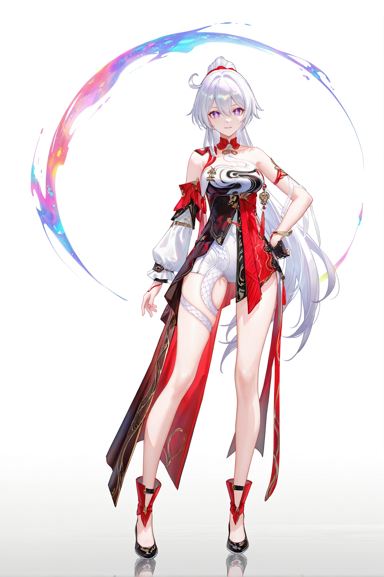 8k,best quality,masterpiece,(ultra-detailed),((artist:reoen),(artist:fuzichoco),(artist:atdan),(artist:torino_aqua),year 2024:0.8)1girl,[artist:wlop],[artist:ningen_mame],artist:ciloranko,[[artist:rhasta]],artist:tidsean,colorful,full body,full shot,standing,looking at viewer,(solo:1.2),simple background,(white background:1.2),hand on own hip,(white background:1.1),<lora:zhongyannew-ill-Tanger-000013:0.9>,kiana jixing,3rd clothes,clothes: jixing chinese clothes,purple cross-shaped pupils,1girl,single black fingerless glove,purple eyes,white hair,