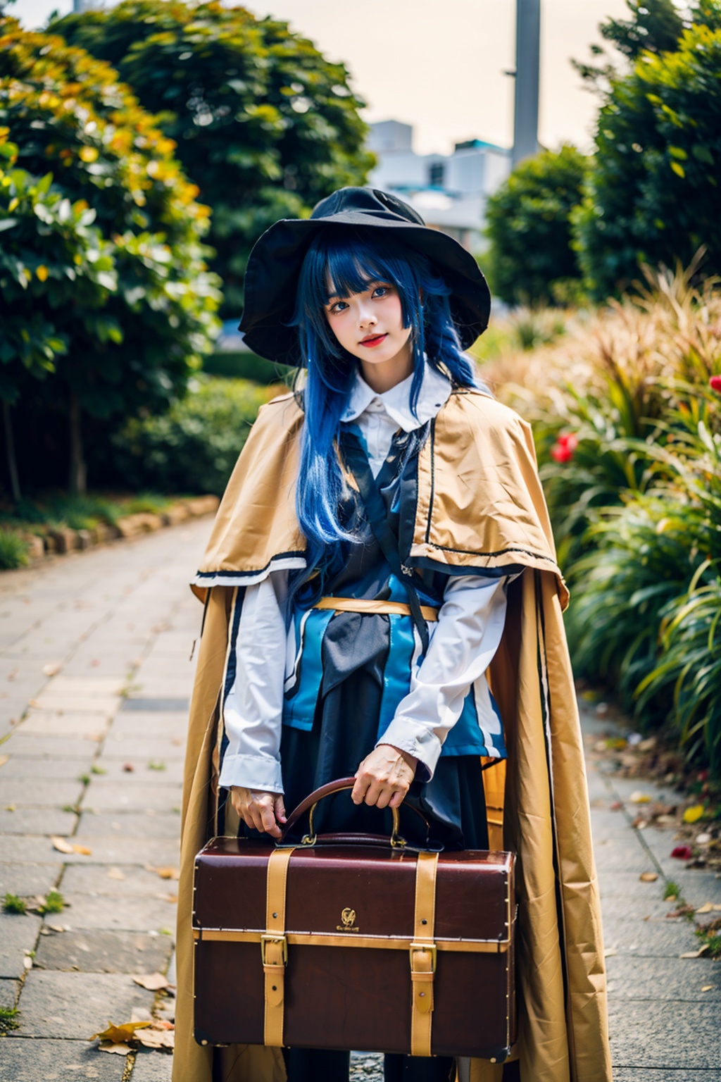 best quality,masterpiece,1girl,roxy migurdia,solo,long hair,looking at viewer,hat,holding,bangs,blue hair,skirt,blue eyes,outdoors,cape,plant,autumn,suitcase,black skirt,photo background,brown cape,<lora:RoxyMigurdia_v1_wd14-000010:0.7>