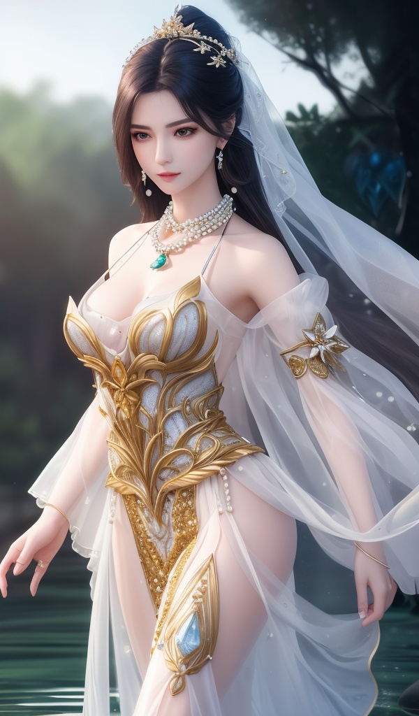 (,1girl, ,best quality, ),looking at viewer, <lora:381-DA-武动乾坤-绫清竹-新模:0.8> ,ultra detailed background,ultra detailed background,ultra realistic 8k cg,, ,masterpiece,((((1girl, solo,  , solo focus, ,walking on liquid, ))))    (()), (), ,ultra realistic 8k cg, flawless, clean, masterpiece, professional artwork, famous artwork, cinematic lighting, cinematic bloom, , (( , )),, dreamlike, unreal, science fiction, luxury, jewelry, diamond, gold, pearl, gem, sapphire, ruby, emerald, intricate detail, delicate pattern, charming, alluring, seductive, erotic, enchanting, hair ornament, necklace, earrings, bracelet, armlet,see-through sleeves, ,