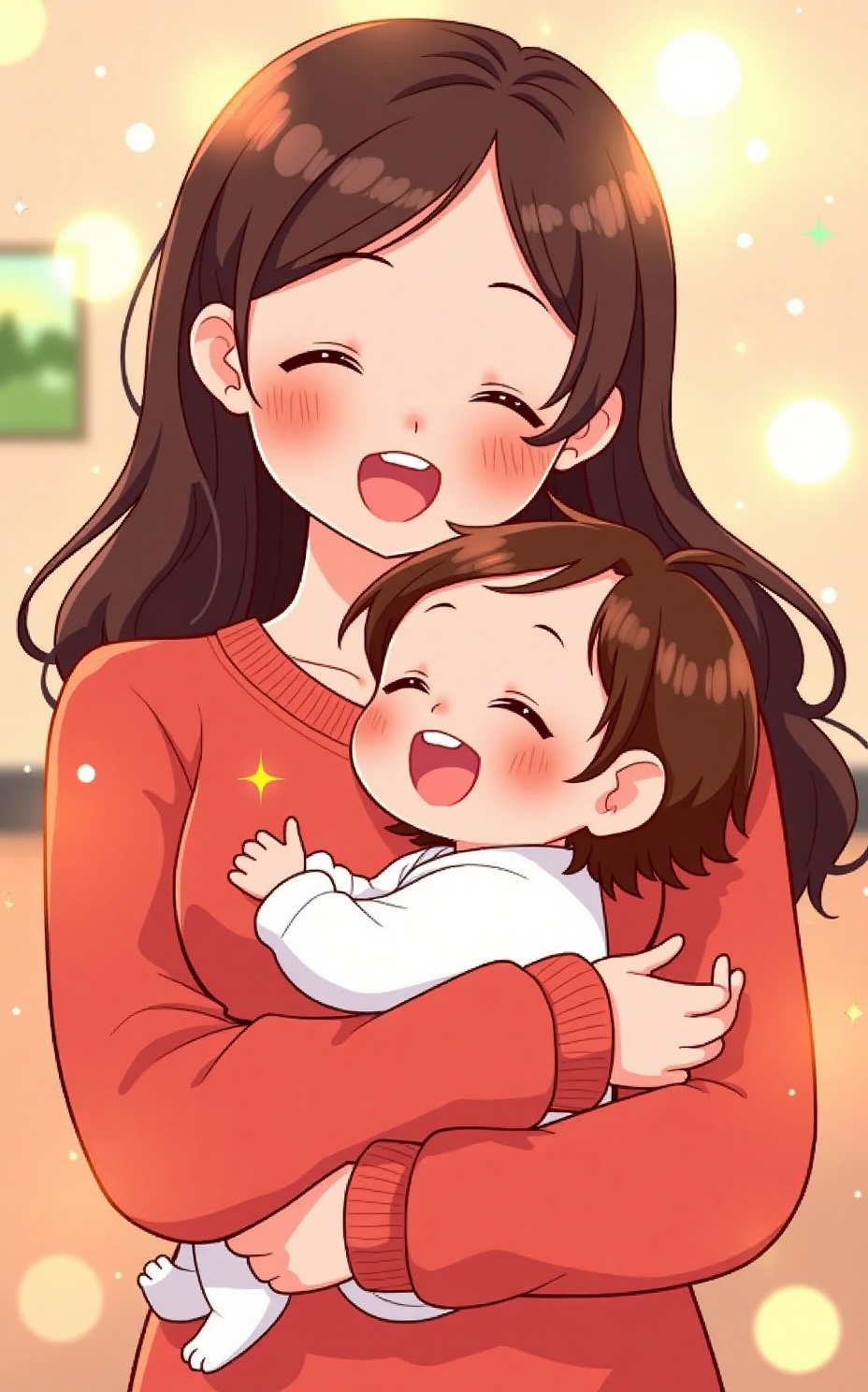 Mother's Day illustration elements, This digital anime-style drawing depicts a joyful mother with long brown hair and rosy cheeks, embracing a happy baby with short brown hair. Both have closed eyes and wide smiles, set against a soft, blurred background with warm, glowing orbs. The mother wears a red sweater, and the baby is in a white onesie. 