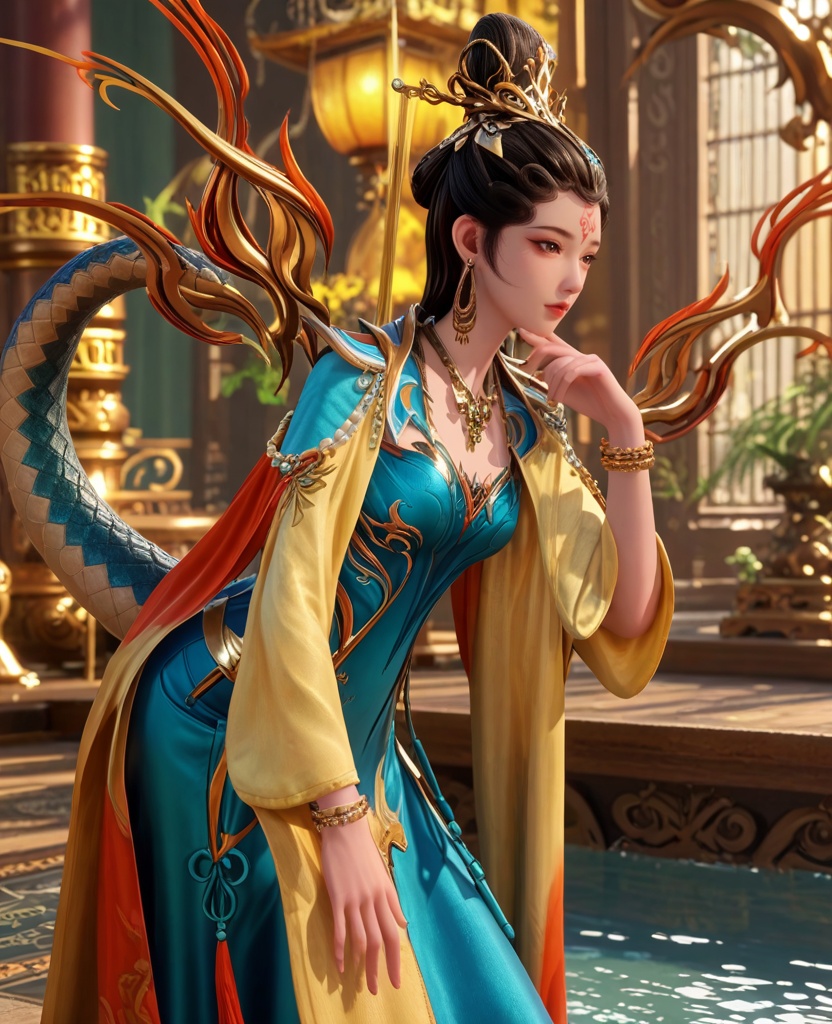 (oriental architecture, elegant decor, sophisticated style:1.1),(playing on the water slide:1.1),(breasts:1.2),<lora:XL师兄啊女娲圣人:0.95>,miss nuwa,snake tail,jewelry,earrings,forehead mark,bracelet,chinese clothes,blue dress,shawl sleeves,brown eyes,hair bun,necklace,, score_9,score_8_up,score_7_up,score_6_up,score_5_up,score_4_up,3d rendering,tag1,tag2, Cinematic Lighting,backlighting,
