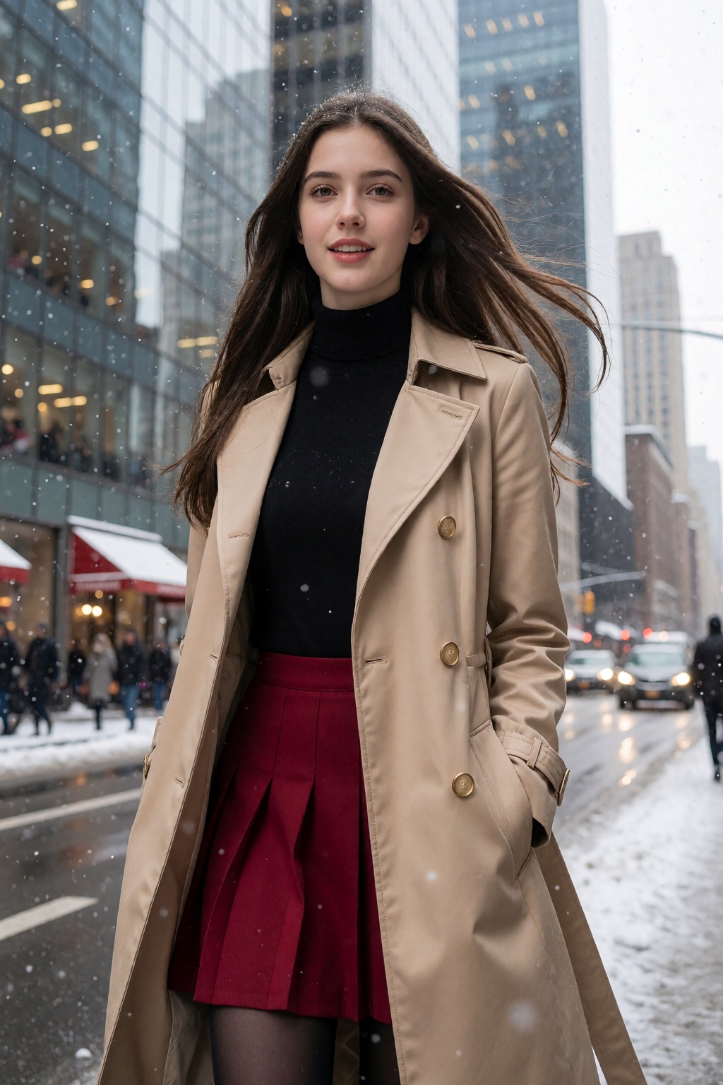 This is a high-resolution photograph of a young Caucasian woman standing on a bustling city street,  with snowflakes gentl...