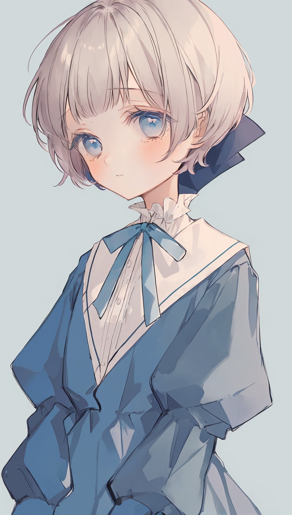 1girl,solo,short hair,upper body,ribbon,blue eyes,simple background,neck ribbon,grey background,puffy sleeves,shirt,closed mouth,dress,bangs,looking down,blue ribbon,bow,