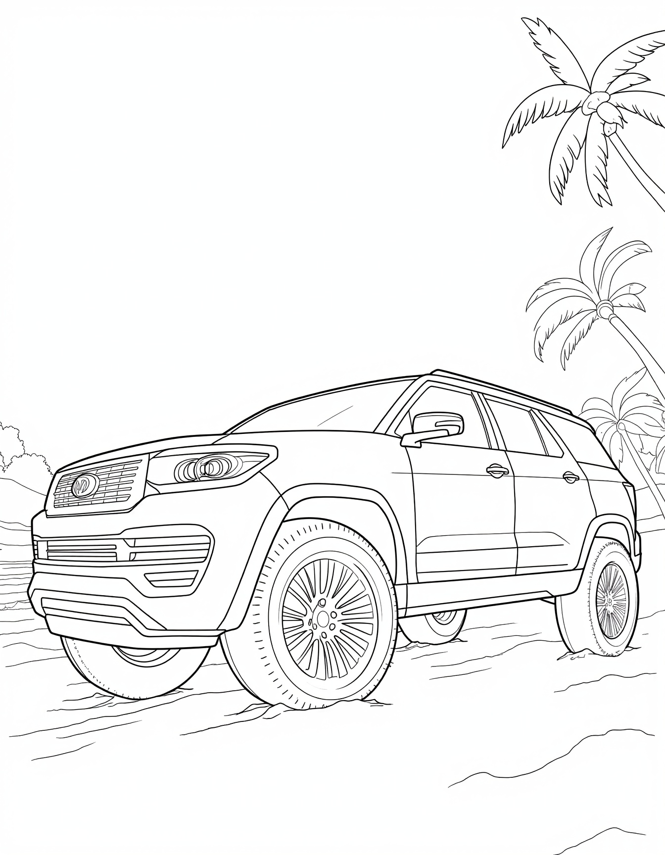 Detailed black and white line drawing coloring page of a modern SUV driving along a tropical beach with palm trees and wav...
