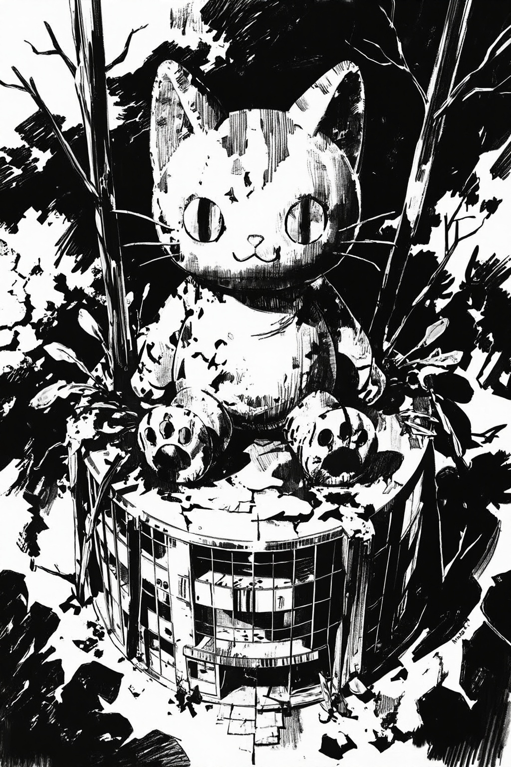 hand_sketch,black and white,art_nlhx,一只巨大的毛绒猫玩偶坐在一栋商场的顶上,相同大小,无人,破败,plant,