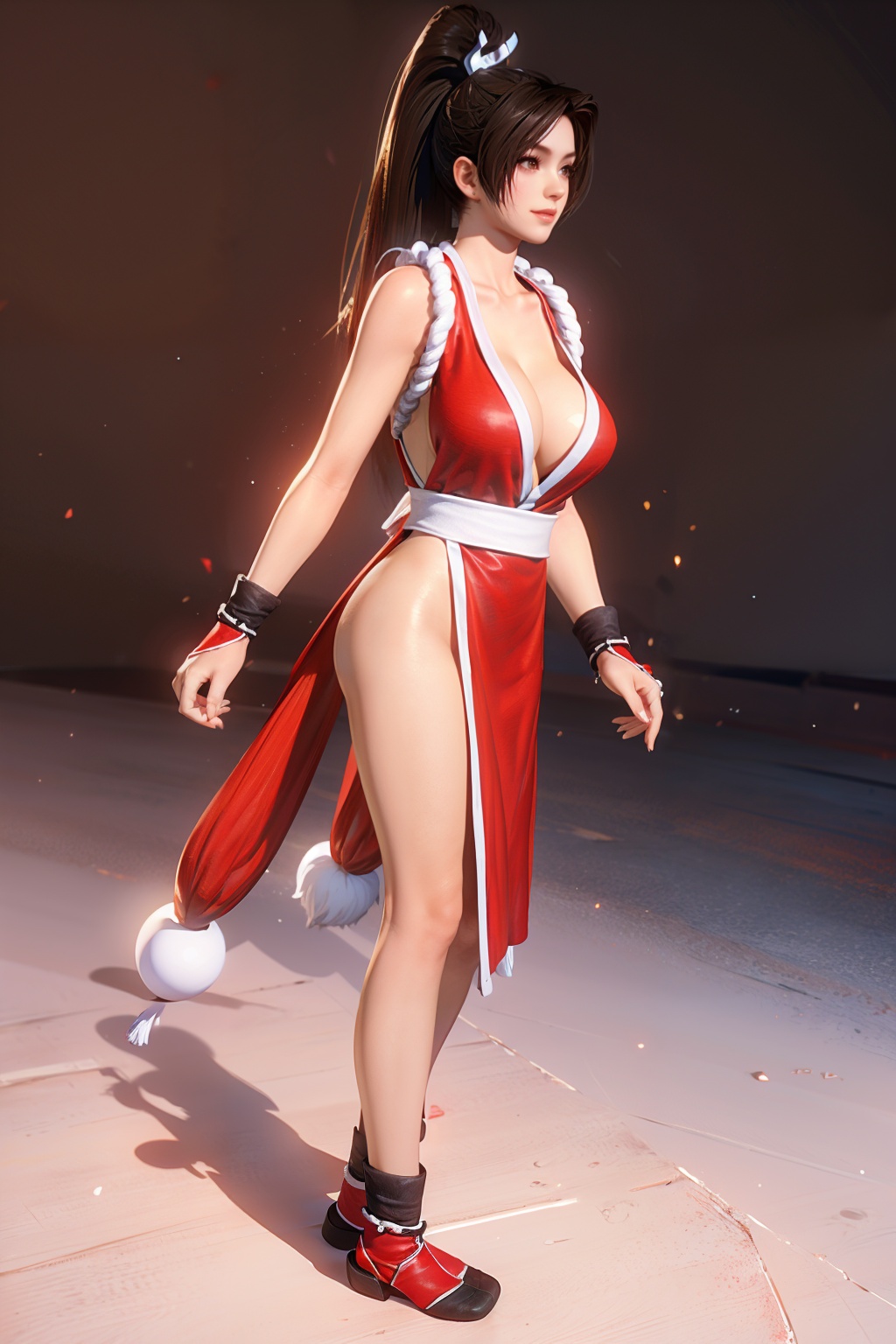 mai,1girl,solo,breasts,large breasts,cleavage,white background,simple background,smile,closed mouth,facing away,Best quality,masterpiece,ultra high res,realistic,photorealistic,<lora:mai12rsuit-000005:0.8>,from side,full body,<lora:add_detail:0.3>,
