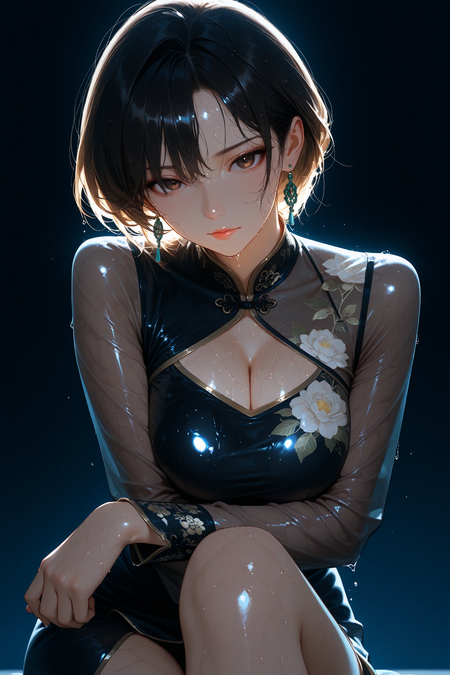 masterpiece,best quality,good quality,very aesthetic,absurdres,newest,EtherStyle,usnr,748cmstyle,backlit,backlighting,sunset,1girl,milf,mature women,mature female,solo,sitting,sit down,looking at viewer,glancing,glance,glare,short hair,shirt,black hair,long sleeves,closed mouth,jewelry,brown eyes,earrings,lips,bodysuit,chinese clothes,shiny clothes,Chinese dress,black dress,see through,wet clothed,soaked,floral print,black background,arm crossed,Eye reflections,global illumination,ray tracing,bright eyes,simple background,Ethereal Moonlight Lighting,Cool And Blue Lighting,backlit,(backlighting),