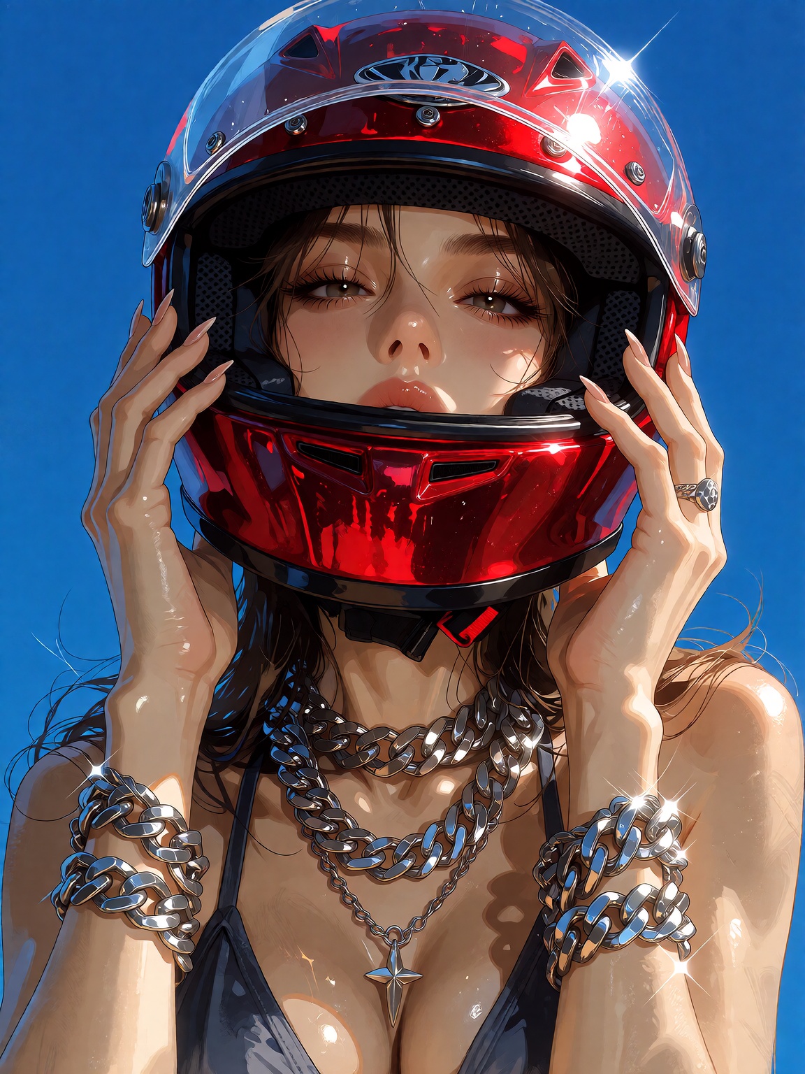 A stylized anime-inspired fashion illustration of a confident woman adjusting a glossy red motorcycle helmet,  centered ag...