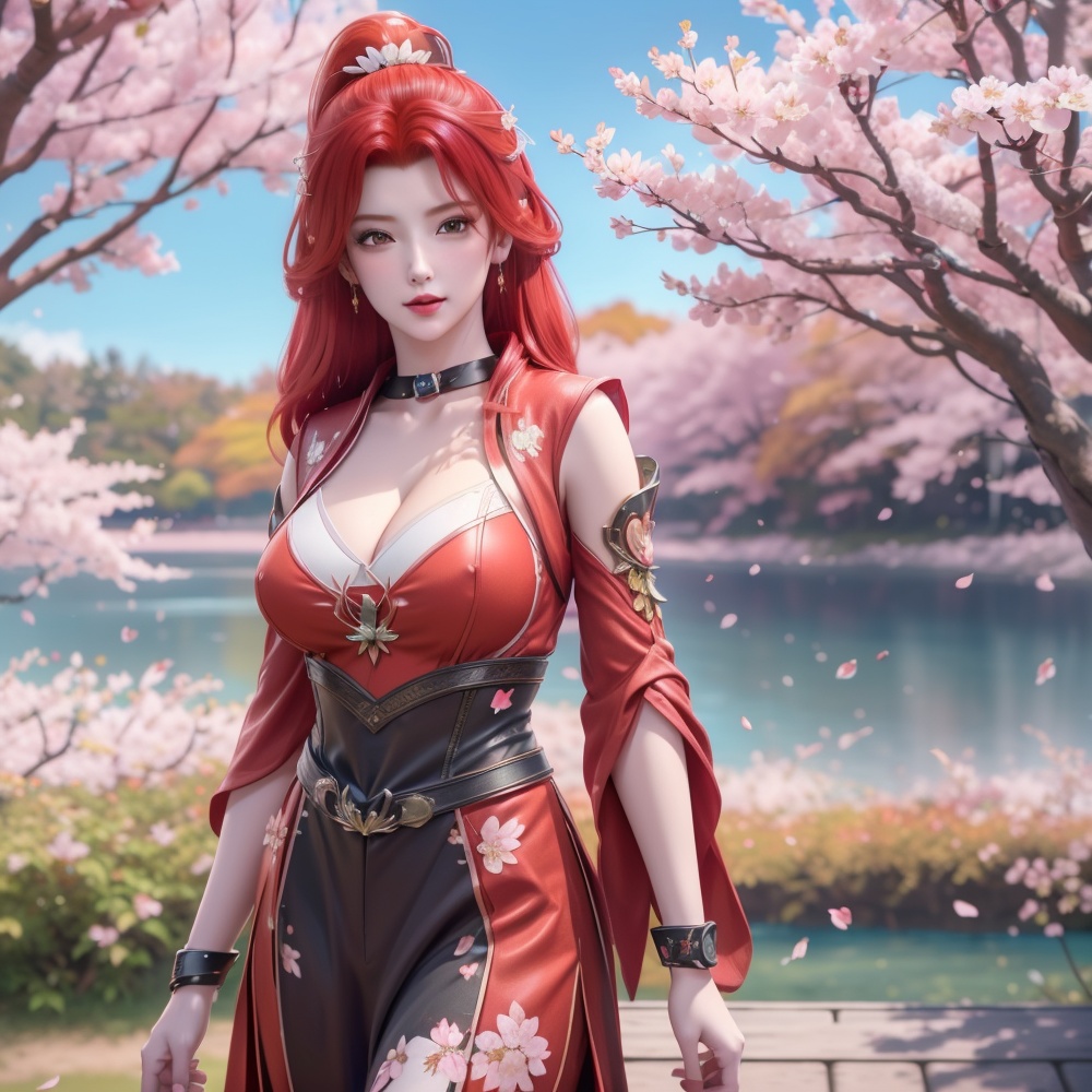 <lora:斗破苍穹-唐火儿:0.8>,red hair,  (,1girl, ,best quality, ),looking at viewer,  ,ultra detailed 8k cg,ultra detailed background,ultra realistic 8k cg, ,masterpiece, (( , )),, ,science fiction,mole, ultra realistic 8k cg, ,    ,(,cherry blossoms, autumn leaves,perfect cherry blossom,   ), (cleavage),
