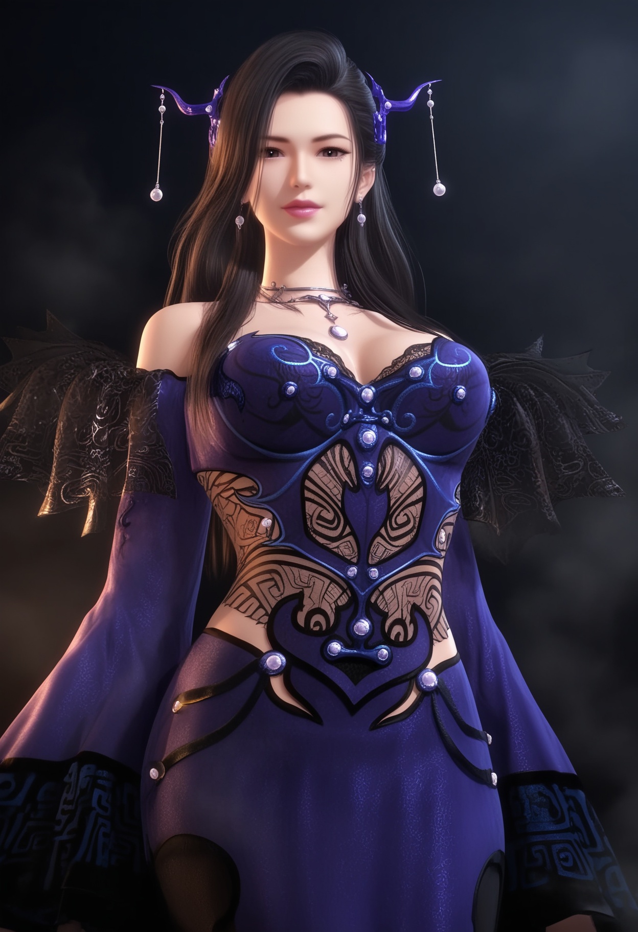 (score_9),masterpiece,best quality,absurdres,highres,(white_skin),light_skin,BREAKmature female,collarbone,narrow waist,wide hips,glamor,plump,<lora:潮女妖-ill-000008:0.83>,1girl,solo,long hair,black hair,makeup,jewelry,hair ornament,necklace,earrings,off-shoulder dress,detached sleeves,lace-trimmed dress,leg,looking at viewer,front view,cowboy shot,BREAKsimple background,black background,Tyndall effect,fog,