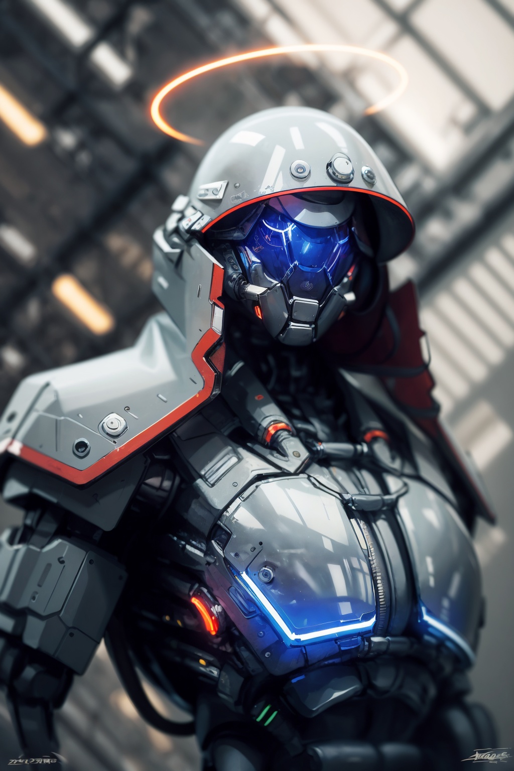 -science fiction, robot, halo, solo, humanoid robot, upper body, blurry, mecha, glowing, no humans, signature, blurry background, radio antenna, helmet, cable, 1other,<lora:Apocalypse Aso_20240119162949:1>,Apocalypse Aso,