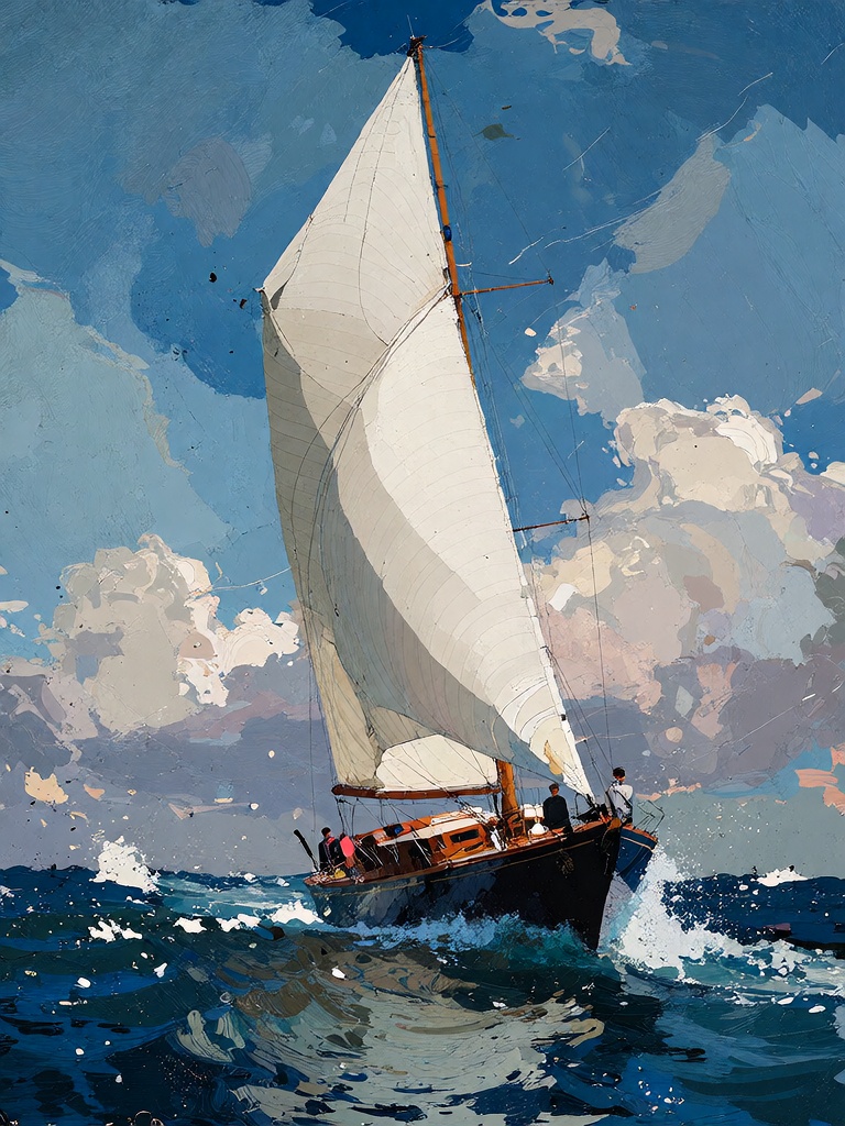 Bradhamel art style.A tall sailing yacht with a single large white sail billowing in the wind,  cutting through deep blue...