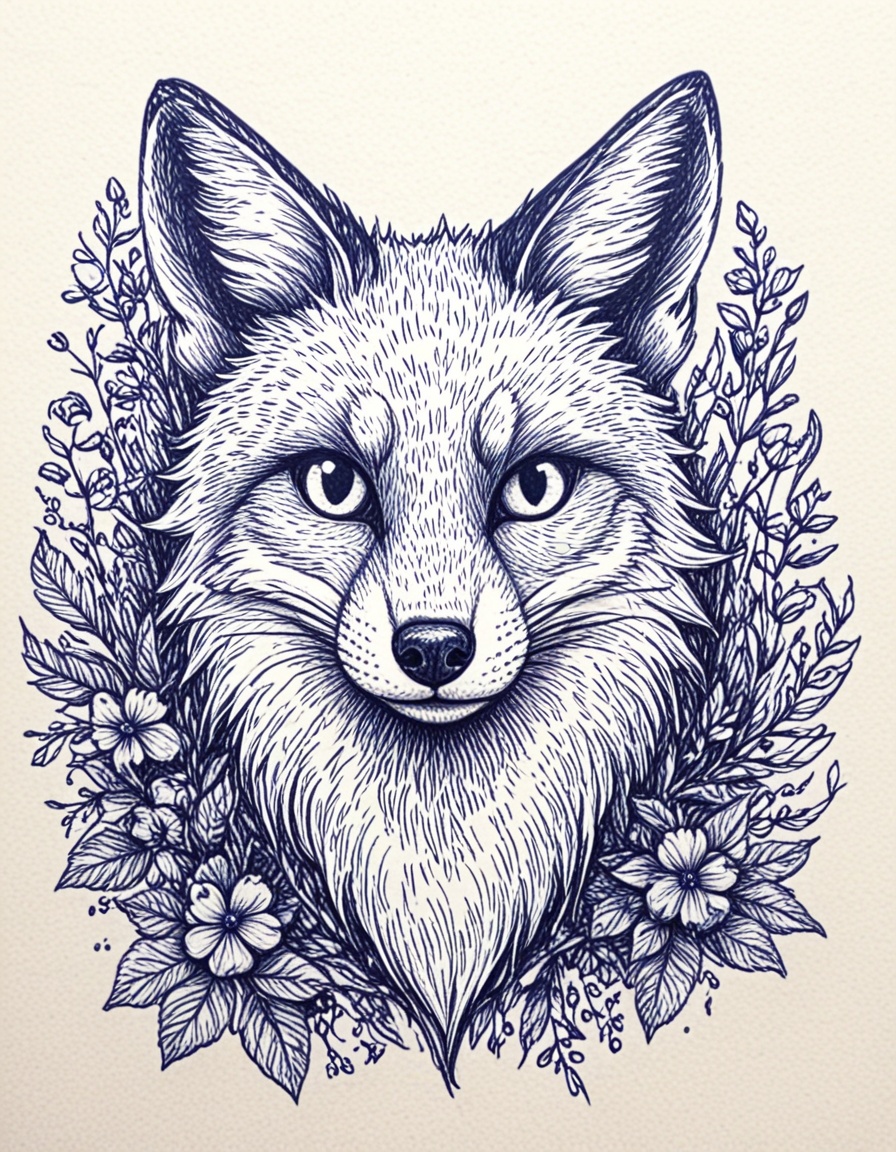 novuschroma42 style cat fox with flowers ballpoint pen drawing on Tensor.Art