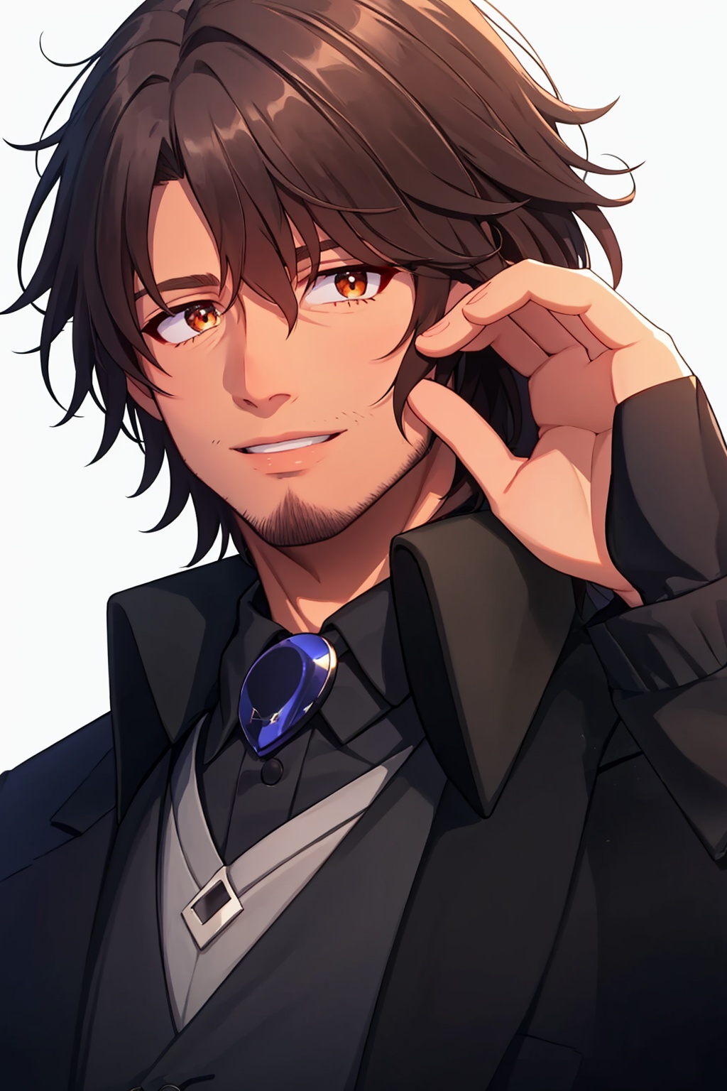 masterpiece,best quality, highly detailed, 1boy,belmond banderas,black jacket,black shirt,collared shirt,looking at viewer,stubble,upper body,virtual youtuber,male focus,parted lips,smile,solo,hand up,long sleeves,white background,hands up,holding mask,mask removed,simple background,<lora:belmond_banderas:1>