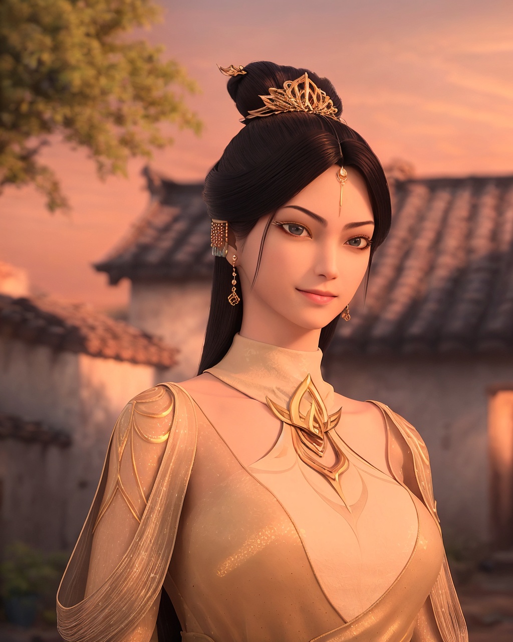 <lora:CaiJinjian-Sd1.5:0.75>,cjj,looking at viewer,1girl,solo,light smile,hair bun,jewelry,forehead jewelry,hair ornament,earrings,clothing cutout,high collar,yellow dress,warm gradient,warm colors,dusk atmosphere,traditional buildings,blurred tree,depth of field,blurry background,portrait,