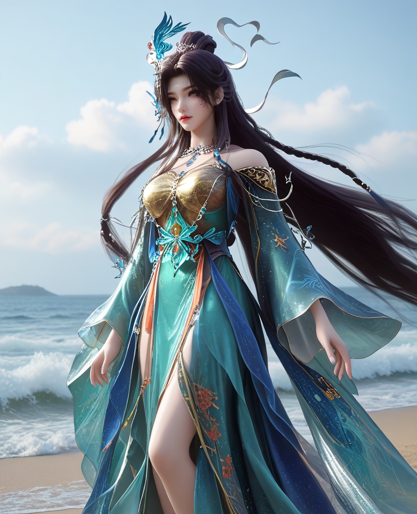 (surfing on surfboard,waves:1.1),(large breasts:1.2),<lora:XL16云深不知梦羲和风华服:0.95>,miss xihe,orange dress with blue train,yellow eyes,facial mark,black hair,absurdly long hair,traditional chinese updo with long front strands,hair ornament,jewelry,sash,blue sheer overskirt,cerulean wide flowing sleeves,, score_9,score_8_up,score_7_up,score_6_up,score_5_up,score_4_up,3d rendering,tag1,tag2, Cinematic Lighting,backlighting,