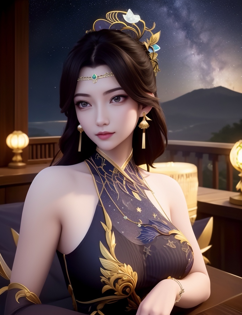 <lora:514-DA-万古狂帝-柳妃:0.8>(,1girl, ,best quality, ),looking at viewer,masterpiece(,1girl,night, starry sky, milky way,outdoors, full moon,  night sky, darkness,  world of darkness, , ) ,ultra realistic 8k cg,   clean, masterpiece,     (( , )),, , , prestige, luxury, jewelry, diamond, gold, pearl, gem, sapphire, ruby, emerald, intricate detail, delicate pattern, charming, alluring, seductive, erotic, enchanting, hair ornament, necklace, earrings, bracelet, armlet,halo((, )), (),
