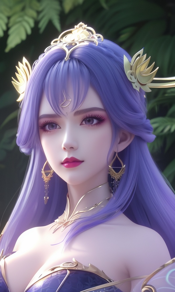 (,1girl, ,best quality, ),looking at viewer, <lora:388-DA-百炼成神-天穹-云洛-黑化:0.8> ,ultra detailed background,ultra detailed background,ultra realistic 8k cg,(masterpiece:1.2),(best quality:1.2),(ultra detailed:1.2),(official art:1.3),(beauty and aesthetics:0.8),detailed,(intricate:0.8),(highly detailed),(solo),delicate countenance,1girl,fancy,(glassy texture:1.2),(crush:1.2),8k,accessory,tattoo,(transparent:1.1),gown,energy encirclement,instant,in the twinkling of an eye,upper body,woman in a mythical forest, masterpiece, perfect face, intricate details, horror theme, raw photo, photo unp(()),, 1girl, purple_hair, solo, breasts, earrings, jewelry, hair_ornament, long_hair, , cleavage,  large breasts, lips, looking_at_viewer, makeup,full body, 