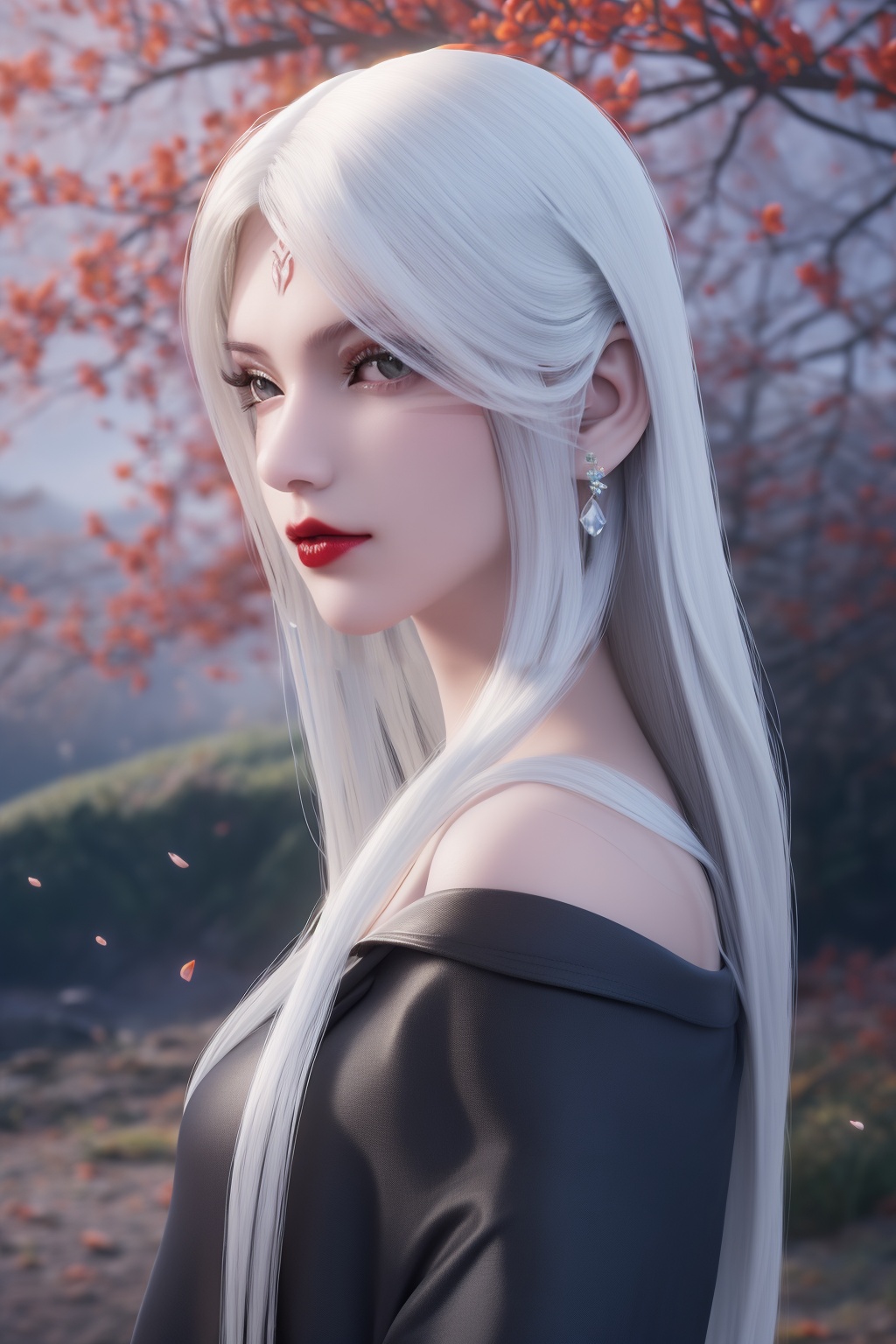 photo_\(medium\),(8k, RAW photo, best_quality),(masterpiece:1.2),(realistic:1.2),(photorealistic:1.3),(ultra-detailed),(extremely_detailed_cg_8k_wallpaper),(crystal_texture_skin:1.3),(shiny:1.2),(shiny_skin:1.4),(extremely_delicate_and_beautiful),petals,flower,sky,cherry blossoms,falling petals,fair skin,shenfengXiaoBai,white clouds,shenfengnsfw,1girl,solo,(black dress:1.3),torogao,red lips,white hair,japanese clothes,standing,jewelry,hair ornament,earring,realistic,looking at viewer,<lora:shenfengXiaoBai_20240728124202-000004:0.7>,landscape,