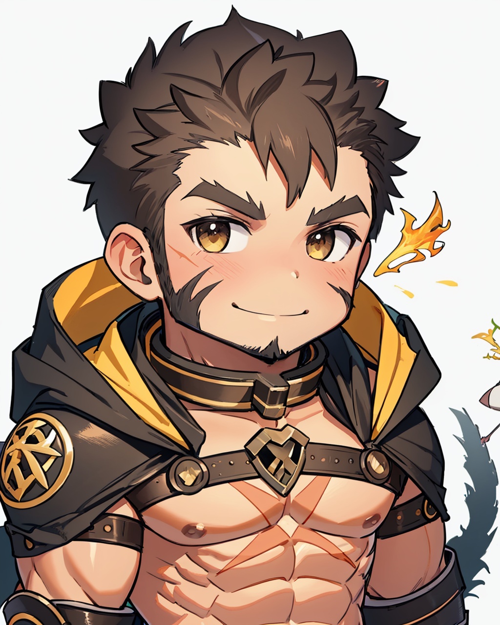 masterpiece,best quality, highly detailed, heracles (housamo),long sideburns, chest harness, chibi, goatee, bara, muscular male, body fur, cross scar, 2boys, flaming eye, revealing clothes, blush, abs, large pectorals, bare pectorals, thick eyebrows, smile,<lora:heracles_(housamo):1>