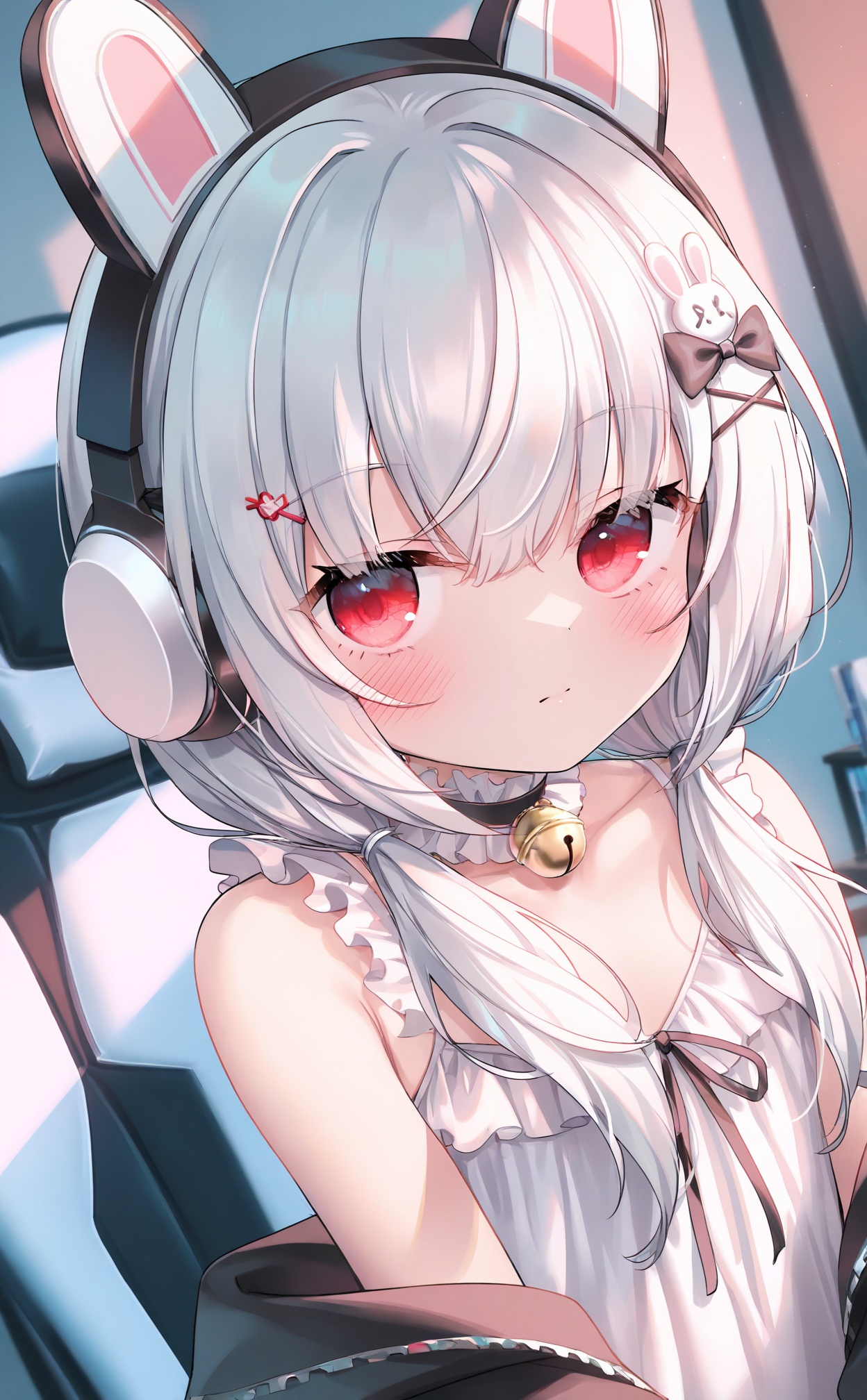masterpiece,very aware,highres,absurdres,newest,best quality,loli,petite,high quality,chromatic_aberration,cinematic_angle,dutch angle,Light Blue Theme,//,1girl, swivel_chair, headphones, solo, fake_animal_ears, animal_ear_headphones, red_eyes, animal_ears, office_chair, rabbit_hair_ornament, twintails, long_hair, gaming_chair, hair_ornament, bell, on_chair, blush, low_twintails, chair, looking_at_viewer, white_hair, frills, hairclip, closed_mouth, sitting, x_hair_ornament, hair_bow, bow, neck_bell, rabbit_ears, collarbone, indoors, jingle_bell, white_dress, bare_shoulders, sleeveless, hair_over_shoulder, choker, upper_body, white_bow, hair_between_eyes, frilled_choker, off_shoulder, monitor, grey_hair, white_camisole, armchair//,//,official art,depth of field,detailed light,blurry background,best shadow,shiny skin,cinematic lighting,ray tracing,amazing quality,very aesthetic,absurdres,beast quality,ultra detailed,newest,8K,HDR,//,<lora:guizhencao——【noob】hans:0.88>,