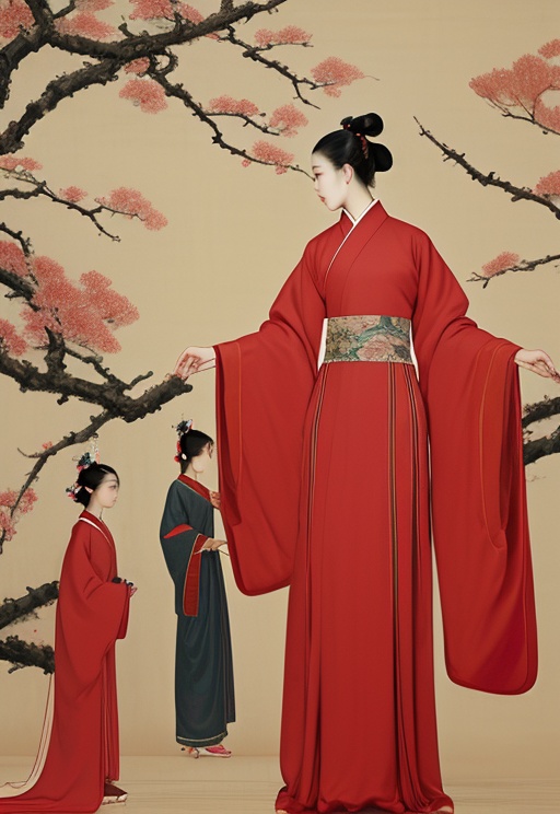 Chinese painting, multiple girls, black hair, 4girls, hanfu, chinese clothes, standing, branch, wide sleeves, long sleeves, shawl, profile, red theme, tree, hair ornament, <lora:Chinese painting_V10:0.9>, 