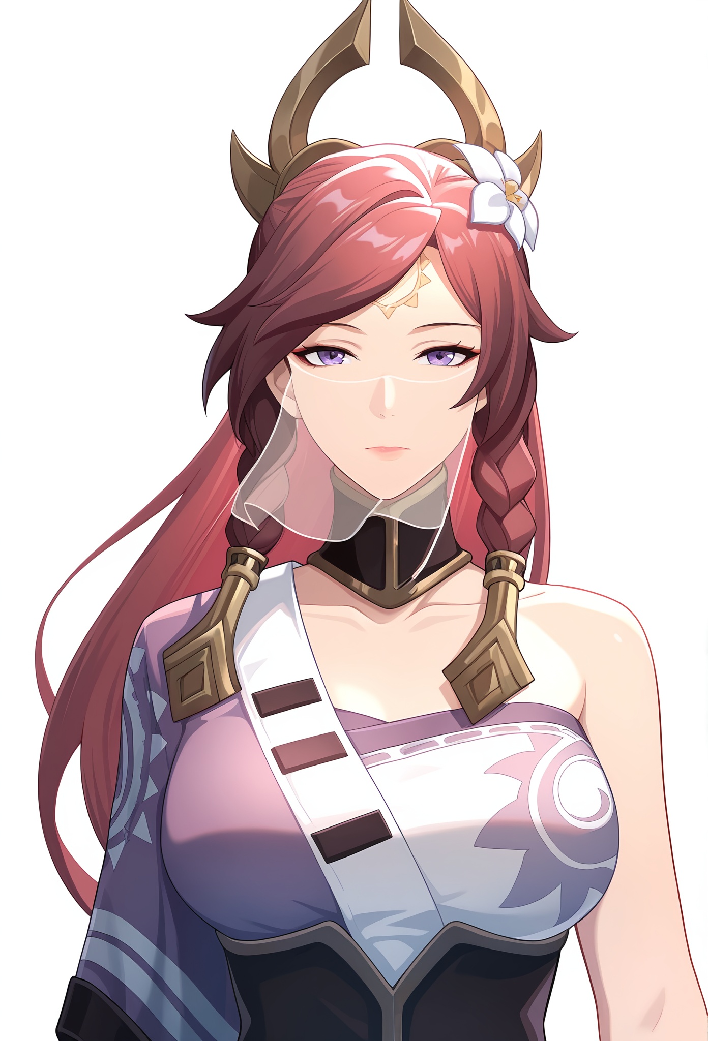 Kuze\(jl\)\(wzry\),white background,simple background,masterpiece,best quality,amazing quality,expressionless,1girl,solo,mature female,upper body,front view,look at viewer,red hair,long hair,braid,hair ornament,white flower on head,forehead mark,purple eyes,choker,asymmetrical dress,gold accents,half face veil,